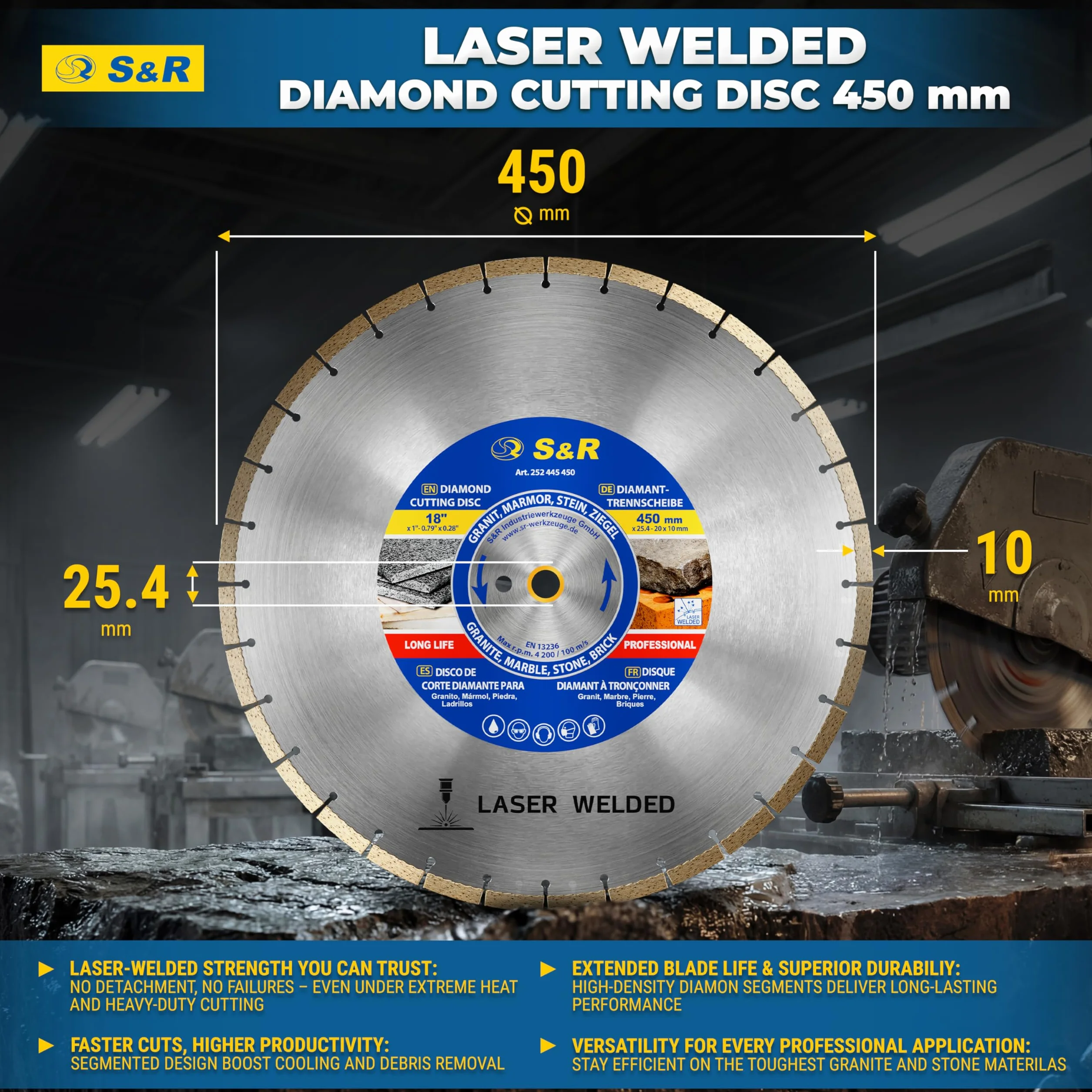 S&R Diamentowa tarcza tnąca 450 x 25,4 x 3,0 x 10 mm, jakość przemysłowa do kamienia naturalnego, sztucznego, marmuru, granitu, piaskowca, twardej cegły, do pił mechanicznych i stołowych