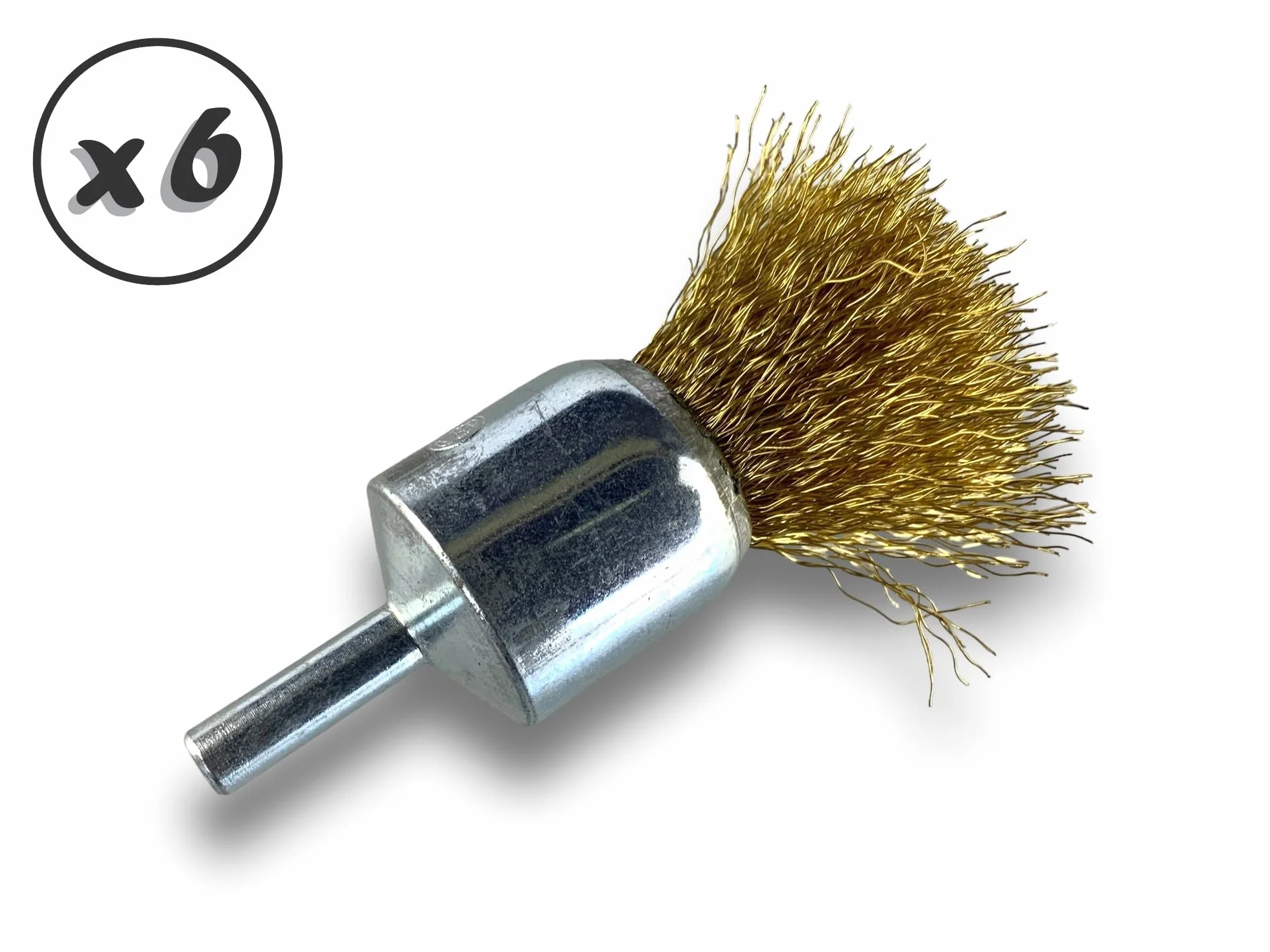 Metalowa szczotka obrotowa z końcówką Ø 22 mm | Zestaw 6 sztuk | Kształt pędzla na trzonku Ø 6 mm | Nici mosiężne Ø 0,20 mm miękkie | Do wiertarki lub wkrętarki z uchwytem | Kibros 20LV22x6