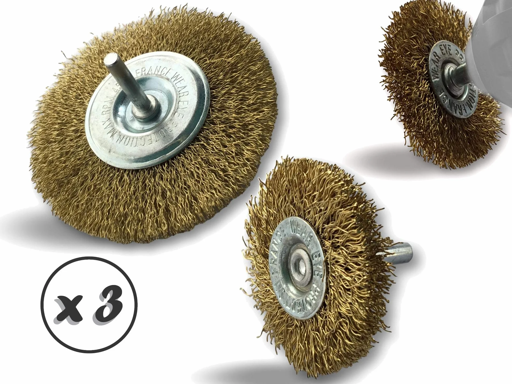 Zestaw 3 metalowych okrągłych szczotek obrotowych Ø 50-75-100 mm | Zestaw 3 | Na pręcie Ø 6 mm | Sznurek mosiężnych Ø 0,20 mm | Do wiertarki lub wkrętarki do uchwytu | Kibros 26xxLV8x3divx3