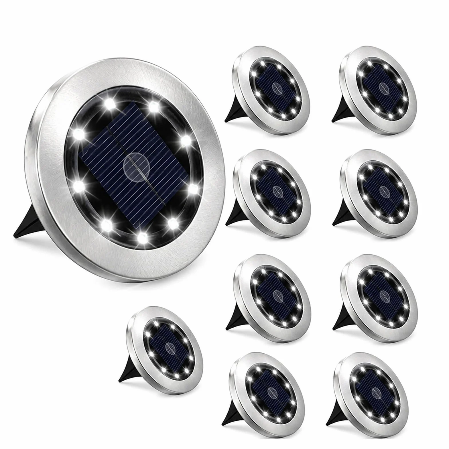 Lampy Solarne Naziemne, 10 Szt. Solarne Światło Gruntowe Zewnętrzny Dysk 8LED do ścieżki tarasowej(10pcs white light)