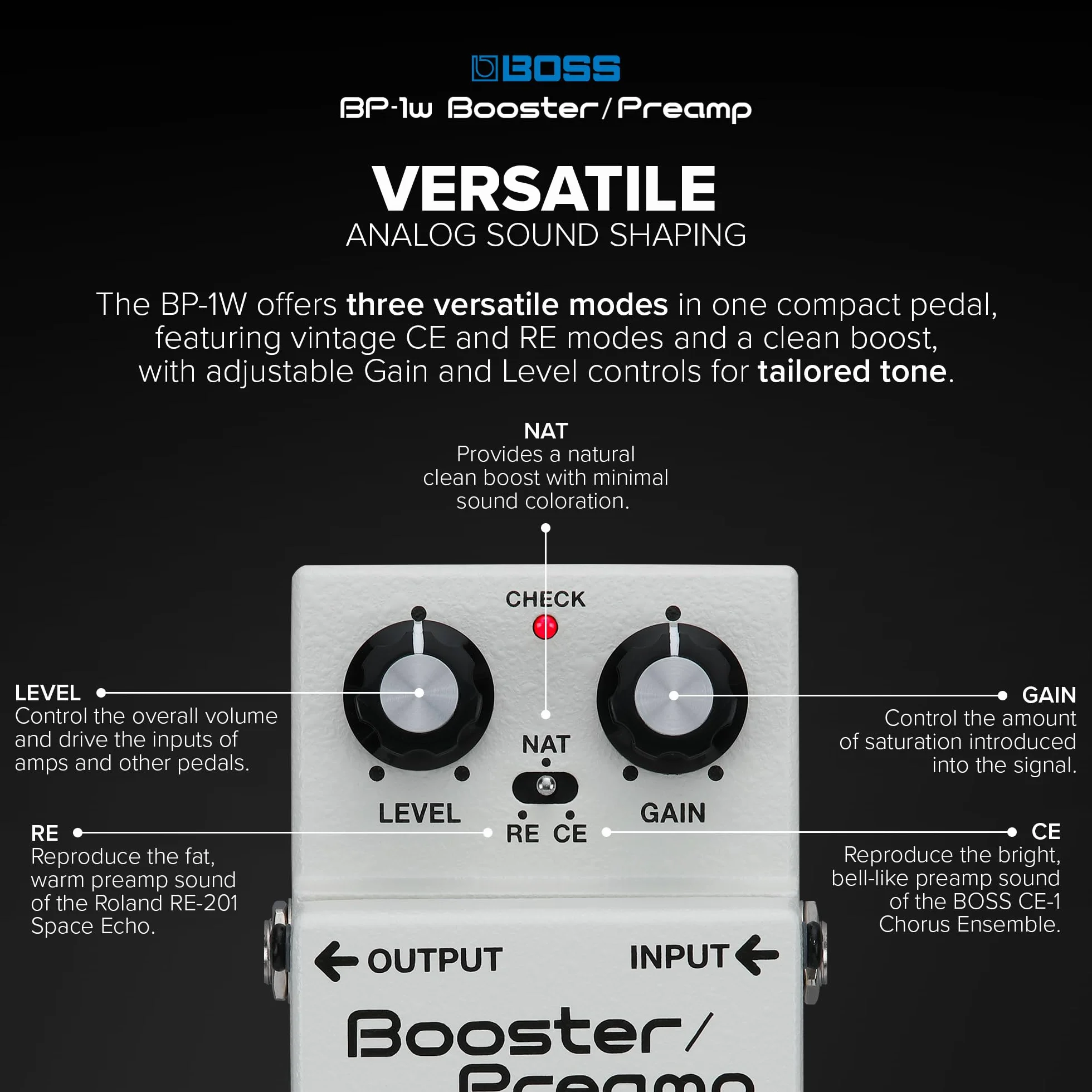BOSS BP-1W Booster/Preamp - Efekt Pedał Premium Waza Craft z Obwodem Analogowym - Dźwięki Vintage z BOSS CE-1 Chorus Ensemble i Roland RE-201 Space Echo - Bufor Standardowy i Vintage