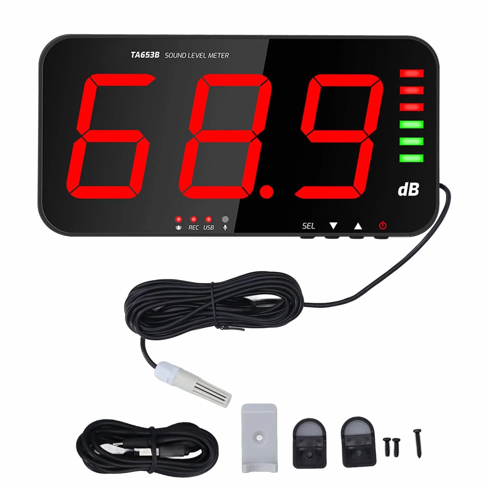 30dB-130dB DC5V 1A Micro USB Miernik Decybeli TA654B 13-calowy Ekran 3-Cyfrowy Wyświetlacz Miernik Poziomu Dźwięku Wiszący na ścianie Cyfrowy Czytnik Decybeli z Alarmem do