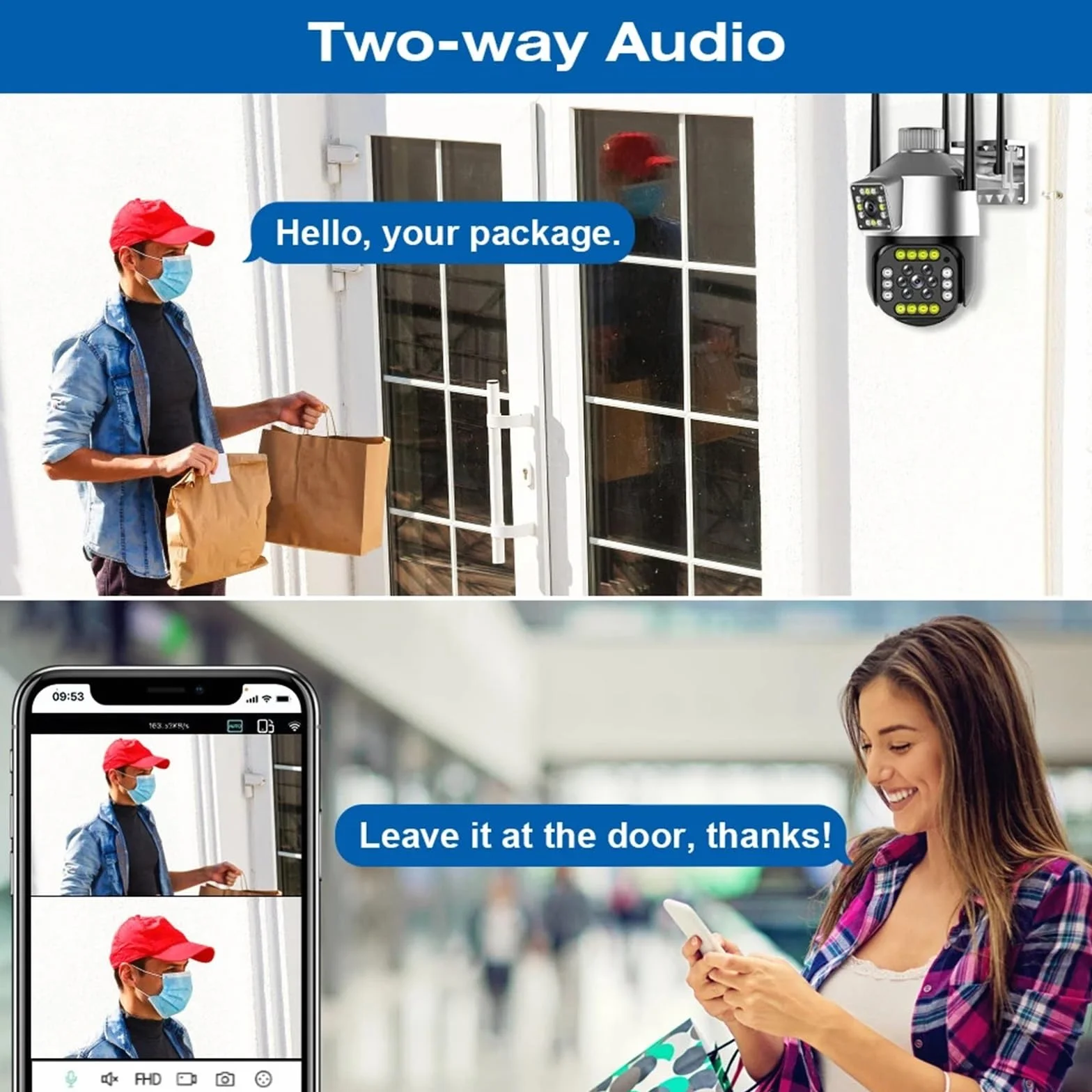 Zewnętrzna bezprzewodowa kamera bezpieczeństwa IP 2K 4MP HD z podwójnym obiektywem, zewnętrzna PTZ Wi-Fi i automatycznym śledzeniem, do monitoringu ulicznego,Spokój ducha zawsze(Camera add 64G)