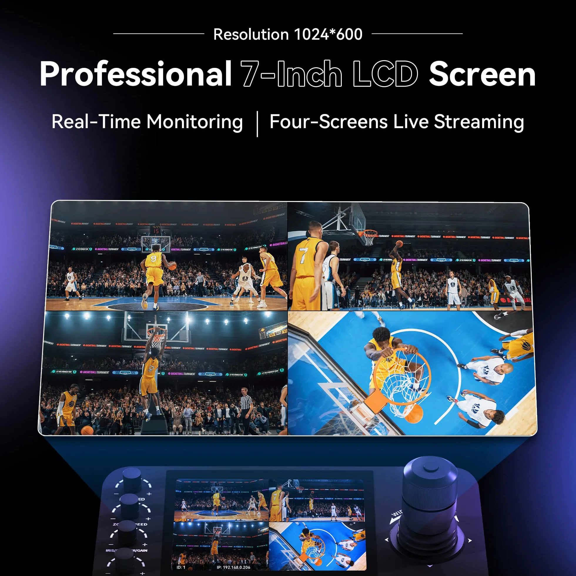 Tenveo NDI PTZ kontroler joysticka kamery, 7'' LCD Quad-Screen podgląd w czasie rzeczywistym, klawiatura sterowania joystickiem 4D obsługująca NDI PoE VISCA Pelco-D/P do nabożeństw kościelnych