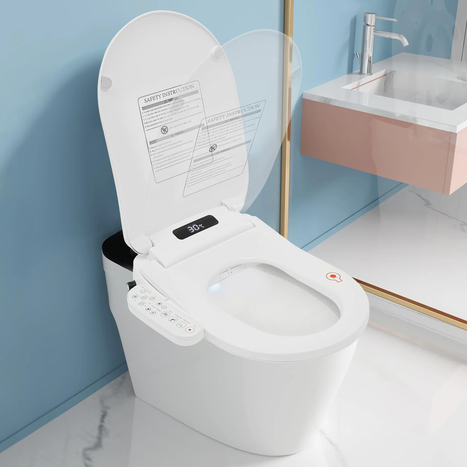 Podgrzewana deska sedesowa, bidet z dyszą, japońska toaleta, prysznic z automatyczną pokrywą, funkcja sterylizacji drążka natryskowego, bocznym elementem obsługowym, suszarka i lampka nocna