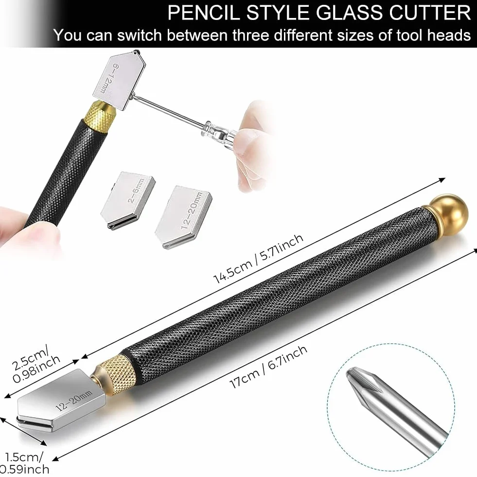Narzędzia do cięcia szkła, nóż do szkła, 2 mm - 20 mm, nóż do szkła, nóż do szkła, nóż do szkła, narzędzie do cięcia szkła, z ergonomicznym uchwytem i wymiennymi 3 głowicami tnącymi z twardego metalu