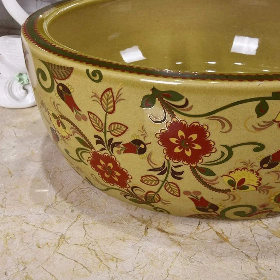 Szafka Pod Umywalkę Z Umywalką, Umywalka Łazienkowa Nablatowa, Okrągła Ceramiczna Umywalka Łazienkowa Nablatowa W Stylu Vintage, Porcelanowa Miska Nablatowa
