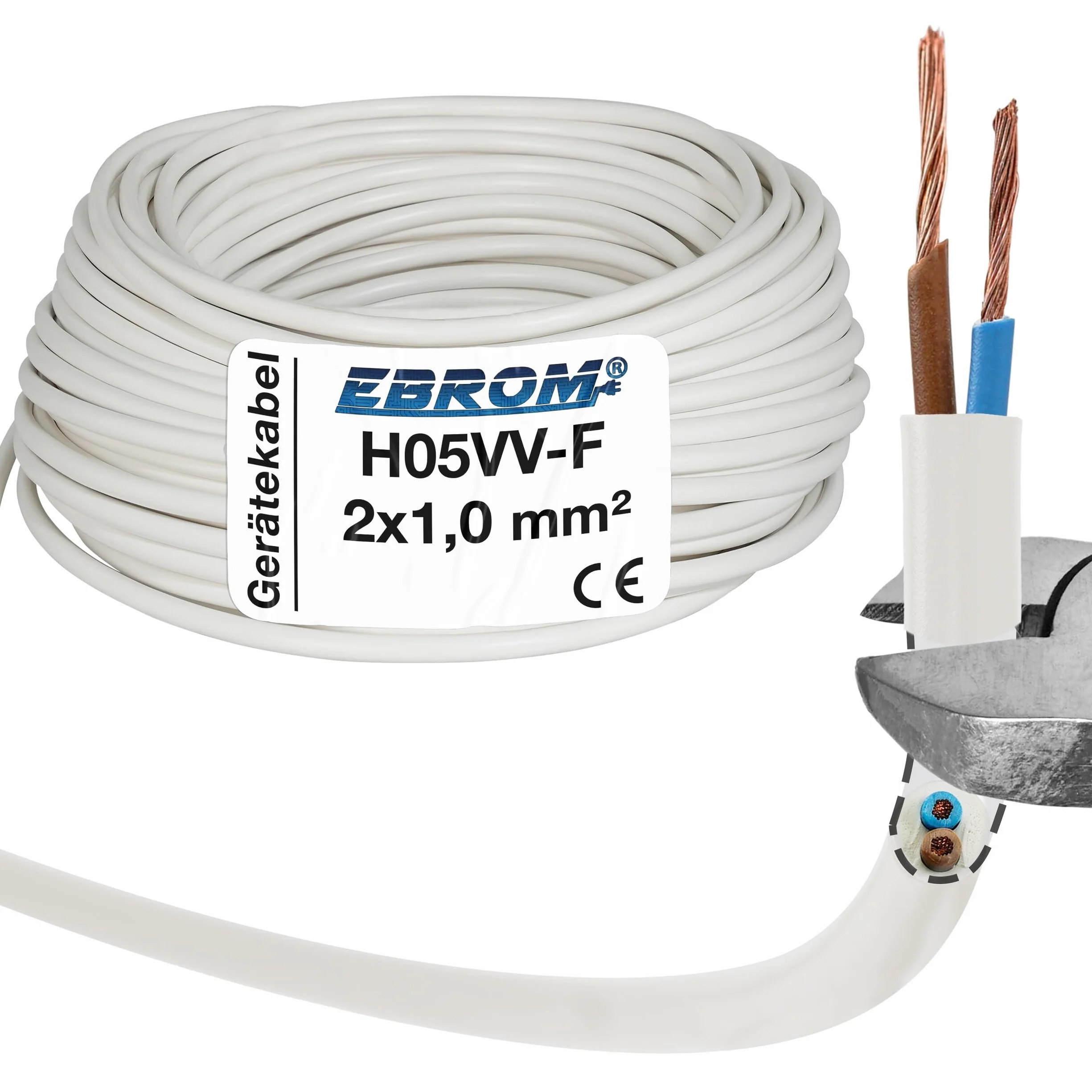 EBROM Wąż z tworzywa sztucznego okrągły, kabel, kabel zasilający, kabel do urządzeń H05VV-F 2 x 1,0 mm² Kolor: biały – wiele długości w odstępach 5 m do 200 m 2 x 1 mm2, długość kabla: 75 m