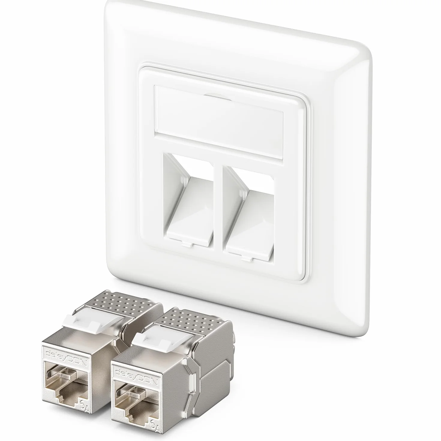deleyCON 1x Gniazdo Sieciowe RJ45 Podtynkowe 10 Gbit/s Keystone (1x Puszka + 2x Keystone) - Gniazdo RJ45 Cat6a - do Kabli Instalacyjnych CAT6/CAT7, w Pełni Ekranowane - Biały