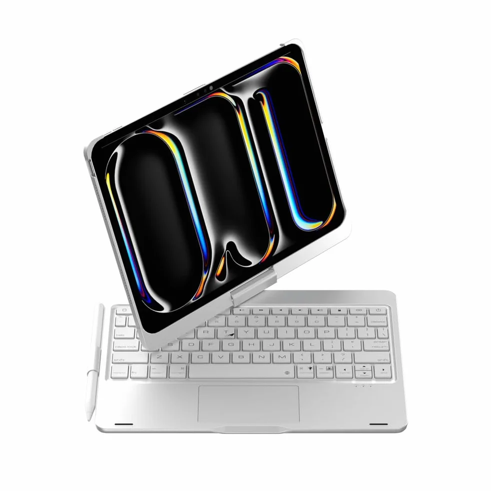 Etui z Klawiaturą do iPad Air 13 (M3 2025 / M2 2024) / Pro 12.9 (6. / 5. / 4. / 3. gen), Obrotowe 360°, Podświetlana Klawiatura 7 Kolorów z Gładzikiem, Silver