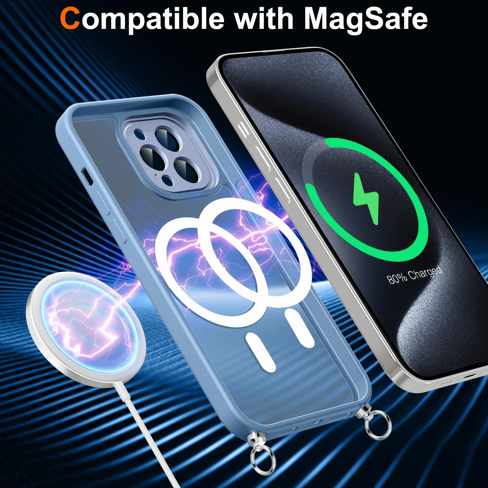 Pnakqil Magnetyczny pasek na telefon komórkowy z paskiem do iPhone 15 Pro Max, etui na telefon komórkowy, półprzezroczyste, z ochroną aparatu, regulowany i zdejmowany łańcuszek, osłona magnetyczna