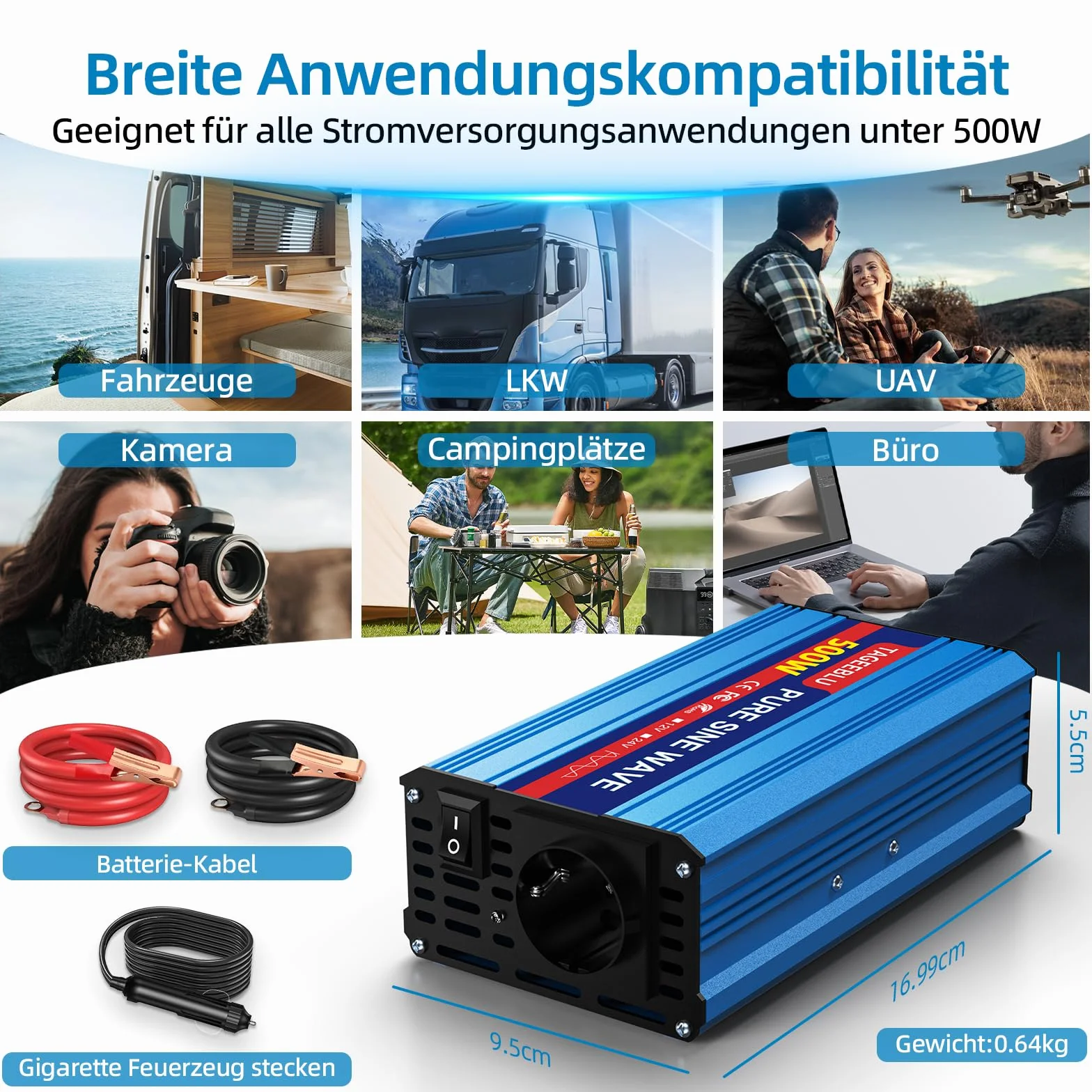 Falownik 500 W, 12 V na 230 V, czysty sinus, przetwornica napięcia 12 V 230 V, falownik do pojazdów z klipsem aligatorowym, gniazdkiem AC i ekranem LCD