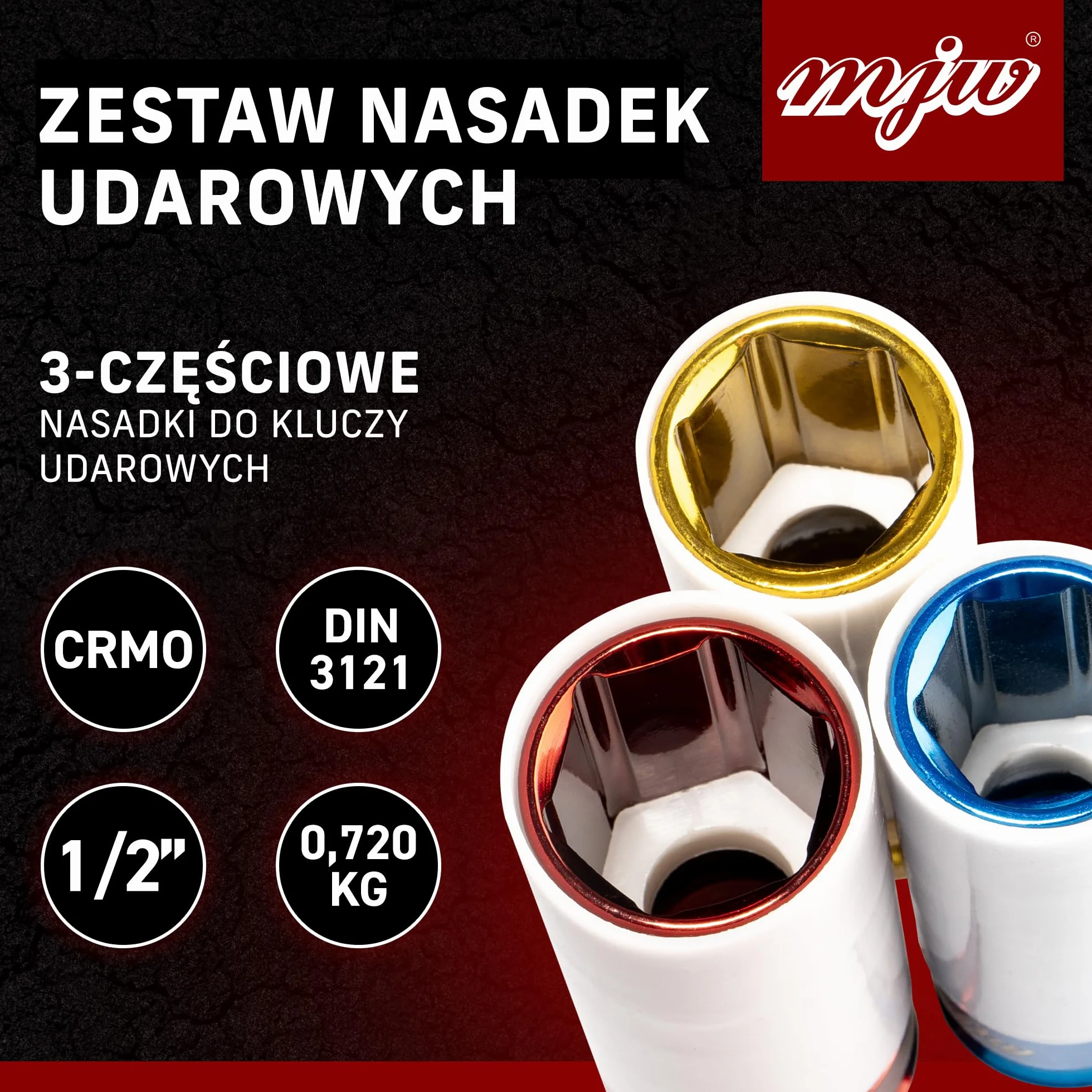 MJW Zestaw nasadek 1/2" 6-kąt z tuleją zabezpieczającą długie nasadki udarowe 1/2" 6-kąt długie 17 | 19 | 21 Stal Cr-Mo Mocny komplet nasadek rozmiary metryczne