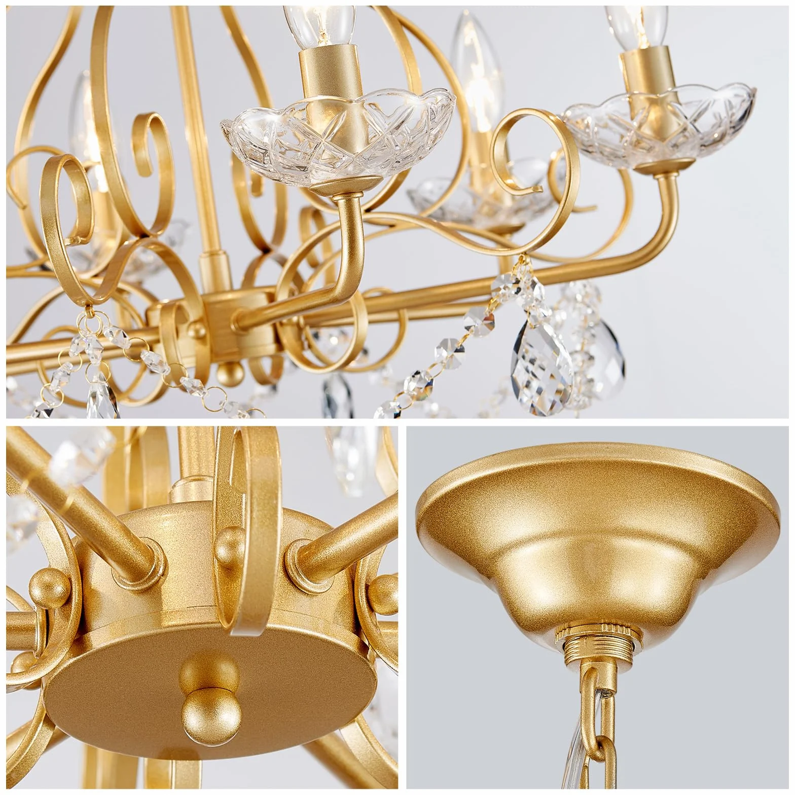 WUZUPS Kryształowy żyrandol świecowy lampa wisząca sufitowa nowoczesna oprawa oświetleniowa do sypialni, przedpokoju, baru, kuchni, łazienki, wys. 55 x szer. 57, złoty, podstawa E14