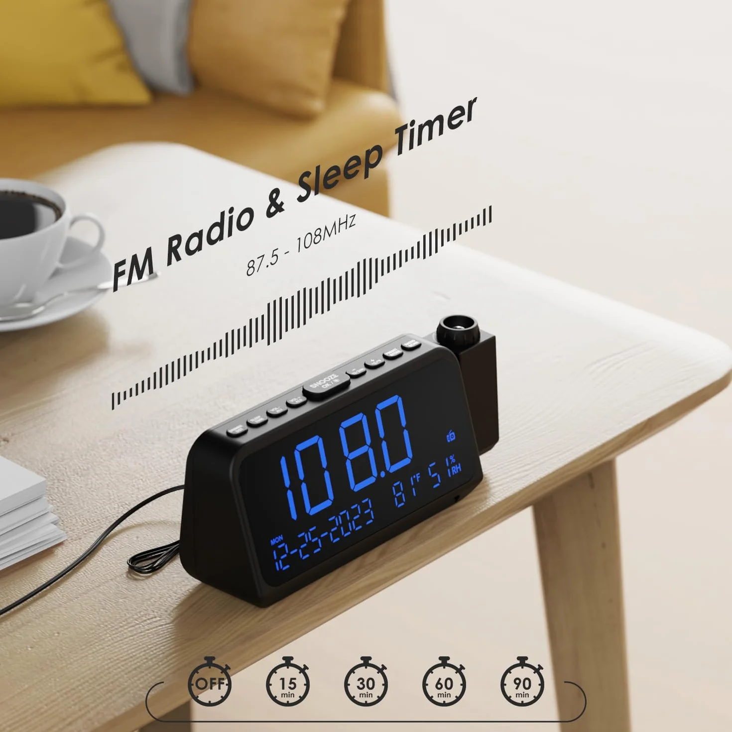 ROCAM Budzik radiowy z projektorem cyfrowy ściemniacz ładowarka USB-C głośny tryb weekendowy data temperatura nocne