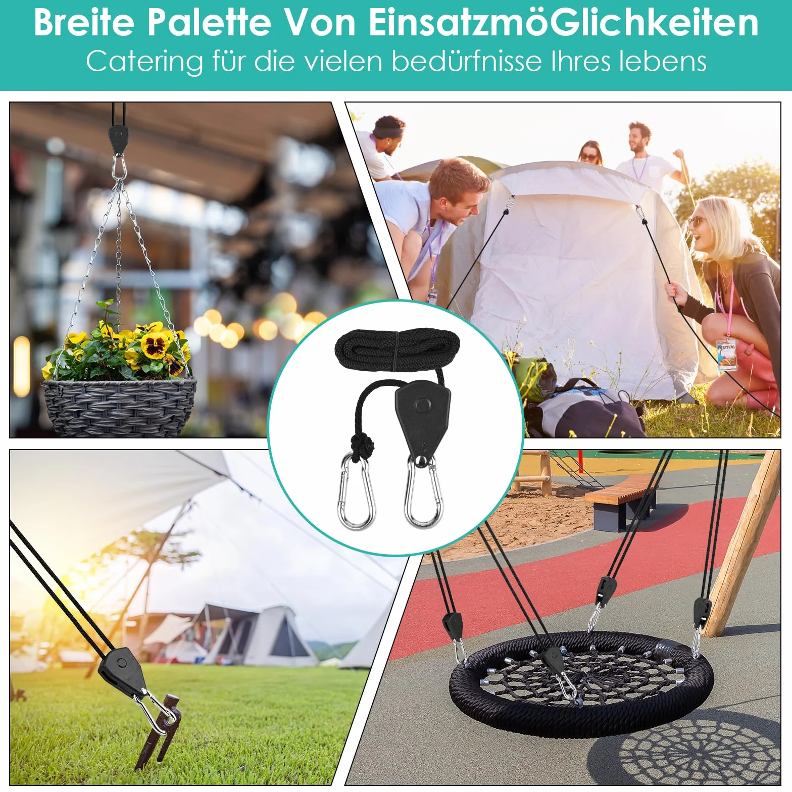 Diealles Shine 8-częściowy napinacz liny, 2-metrowe liny odciągowe z napinaczem liny, regulowany hak linowy z grzechotką linową, 1/8 cala do wentylatorów do roślin doniczkowych, nylon, czarny
