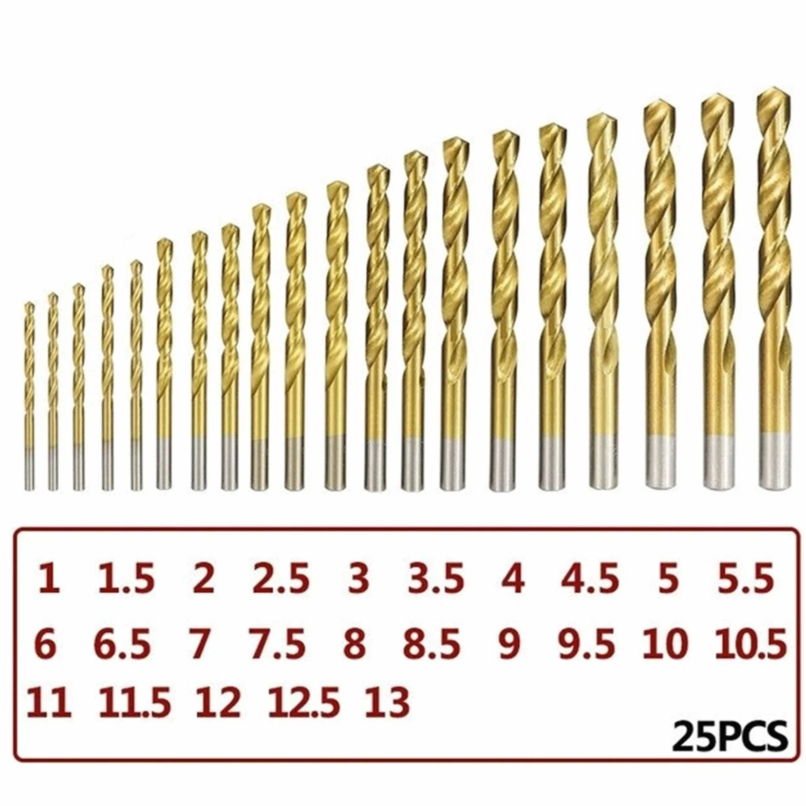 Wiertła tnące Zestaw wierteł krętych 1.0-13mm Powlekany tytanem Metal Gun Wiertło Wycinak otworów Akcesoria do elektronarzędzi HSS Wiertło do metalu do drewna (Kolor: Zestaw 25 szt.) (Zestaw 13 szt.