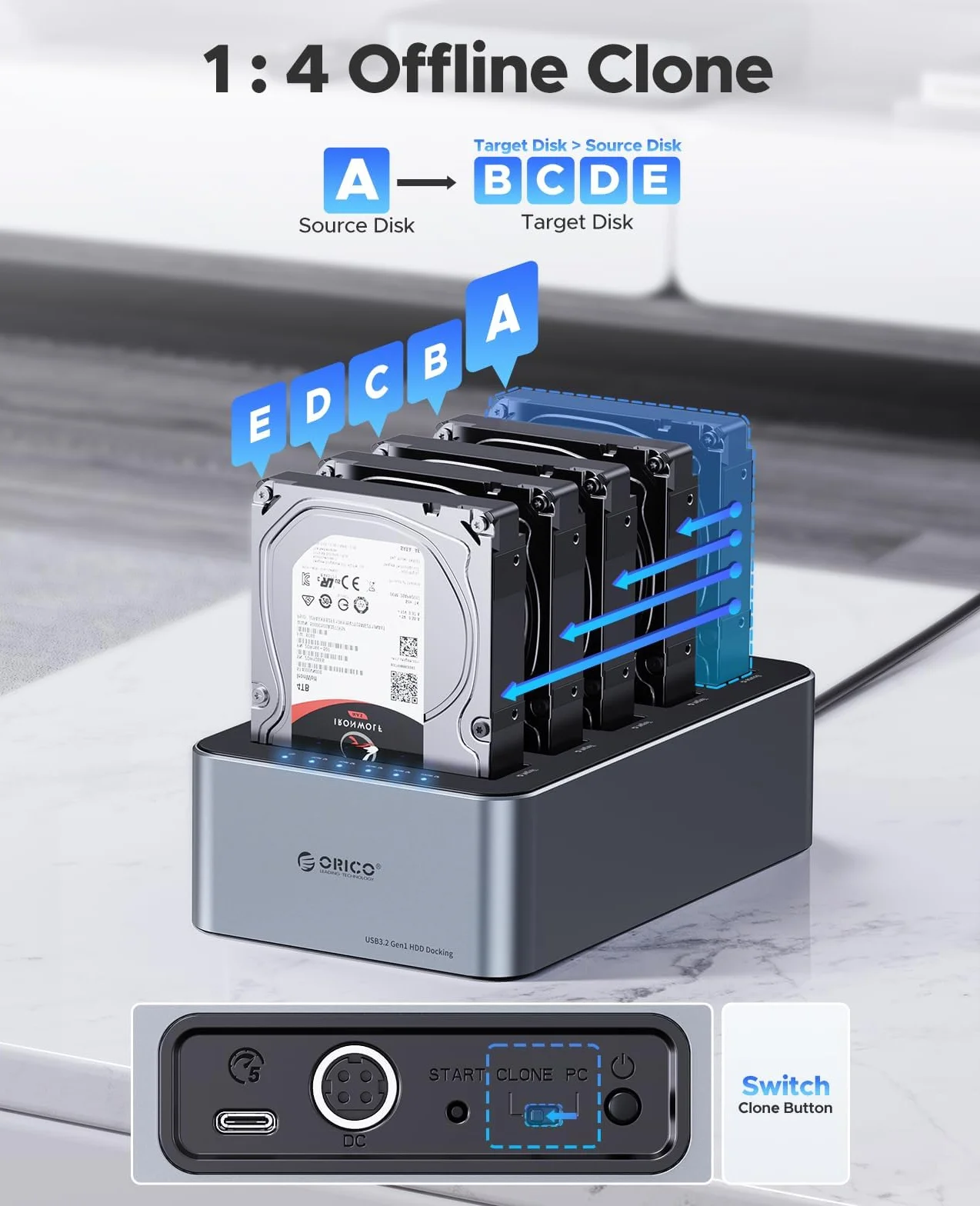 ORICO Clone HDD Aluminiowa stacja dokująca USB 3.2 Gen 1 do SATA 2,5/3,5" SSD/HDD do 20 TB, klonowanie offline