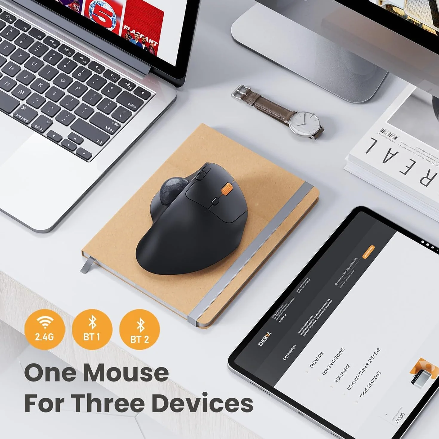 ProtoArc EM04 Bezprzewodowa mysz Trackball, ergonomiczna mysz kulkowa Bluetooth, ładowalna mysz komputerowa, laptop, 3 połączenia urządzeń, kompatybilna z PC, iPad, Mac, Windows, czarna kula