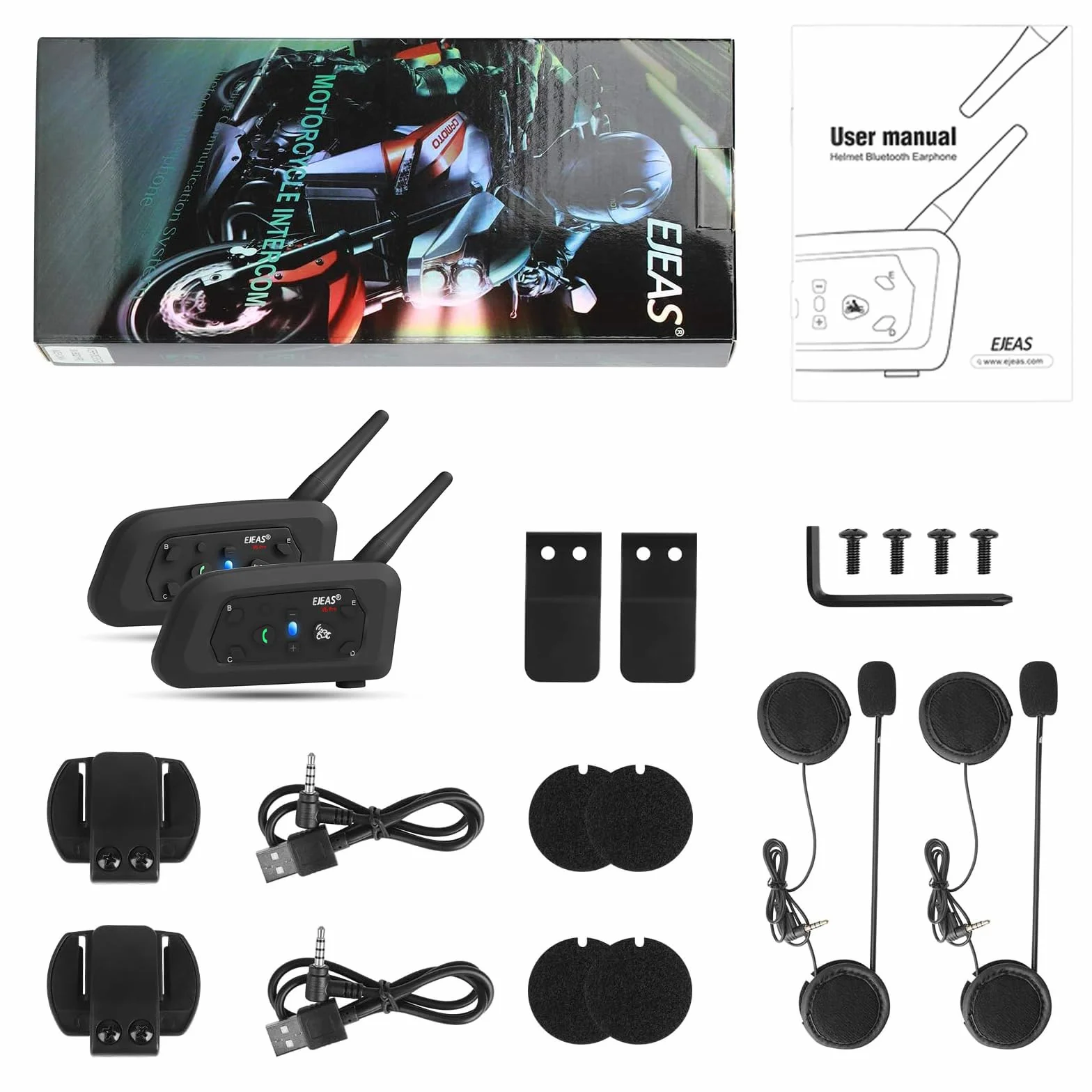EJEAS V6 Motocyklowy interkom Bluetooth 1200m Zestaw słuchawkowy Wodoodporny GPS DSP Redukcja szumów USB-C 2 szt.