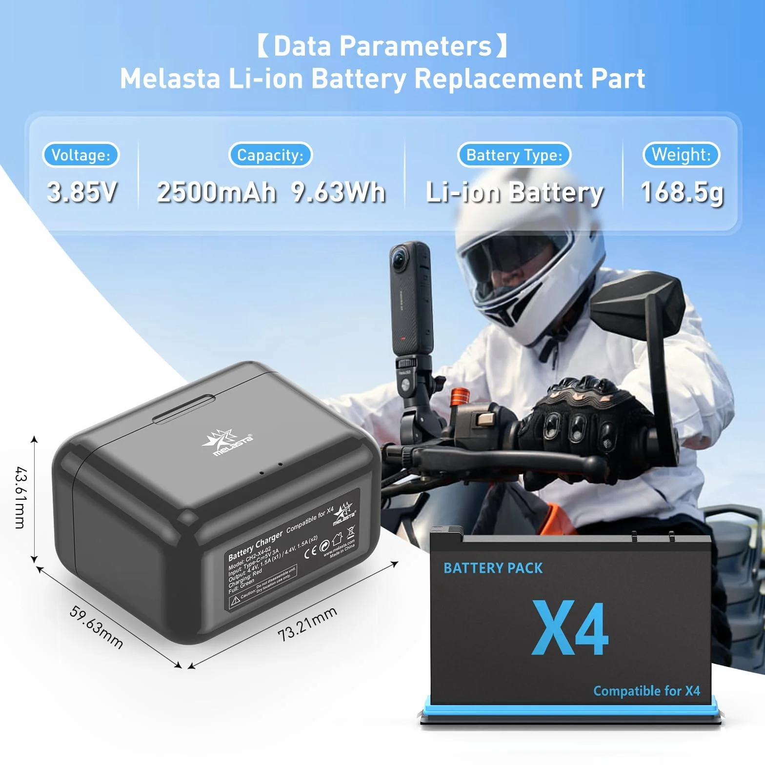 melasta 3,85 V 2500 mAh do baterii Insta360 X4 i ładowarki z kablem USB-A do C, ładowarka do baterii aparatu z kartą SD do przechowywania i szybkim ładowaniem