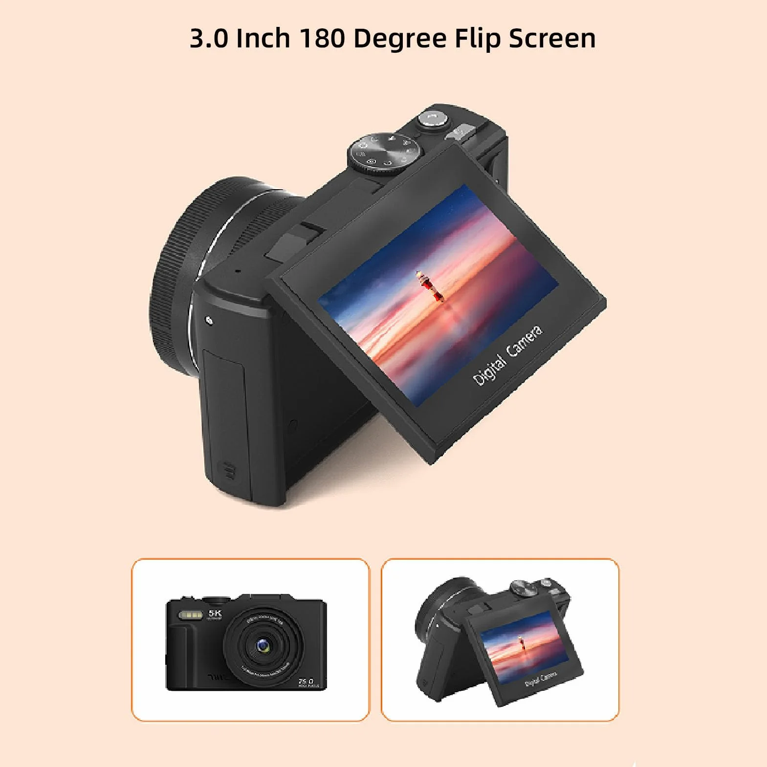 Aparat Cyfrowy, 5K 75MP Autofocus Wi -Fi Vedio Camera do Fotografii, z Ekranem Klapki 3 Cali 180 °, 18x Cyfrowy Zoom, Kompaktowy Mały Aparat dla Chłopców Dziewczyn (32GB)