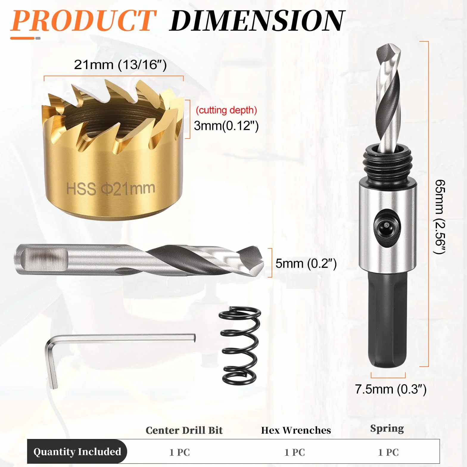 METALLIXITY Piła dziurkacza 21 mm, 4341 HSS Piła z kluczem sześciokątnym, końcówka prowadząca i sprężyna do wierteł, metal średni, plastikowe płyty i płyty PCV, złoty