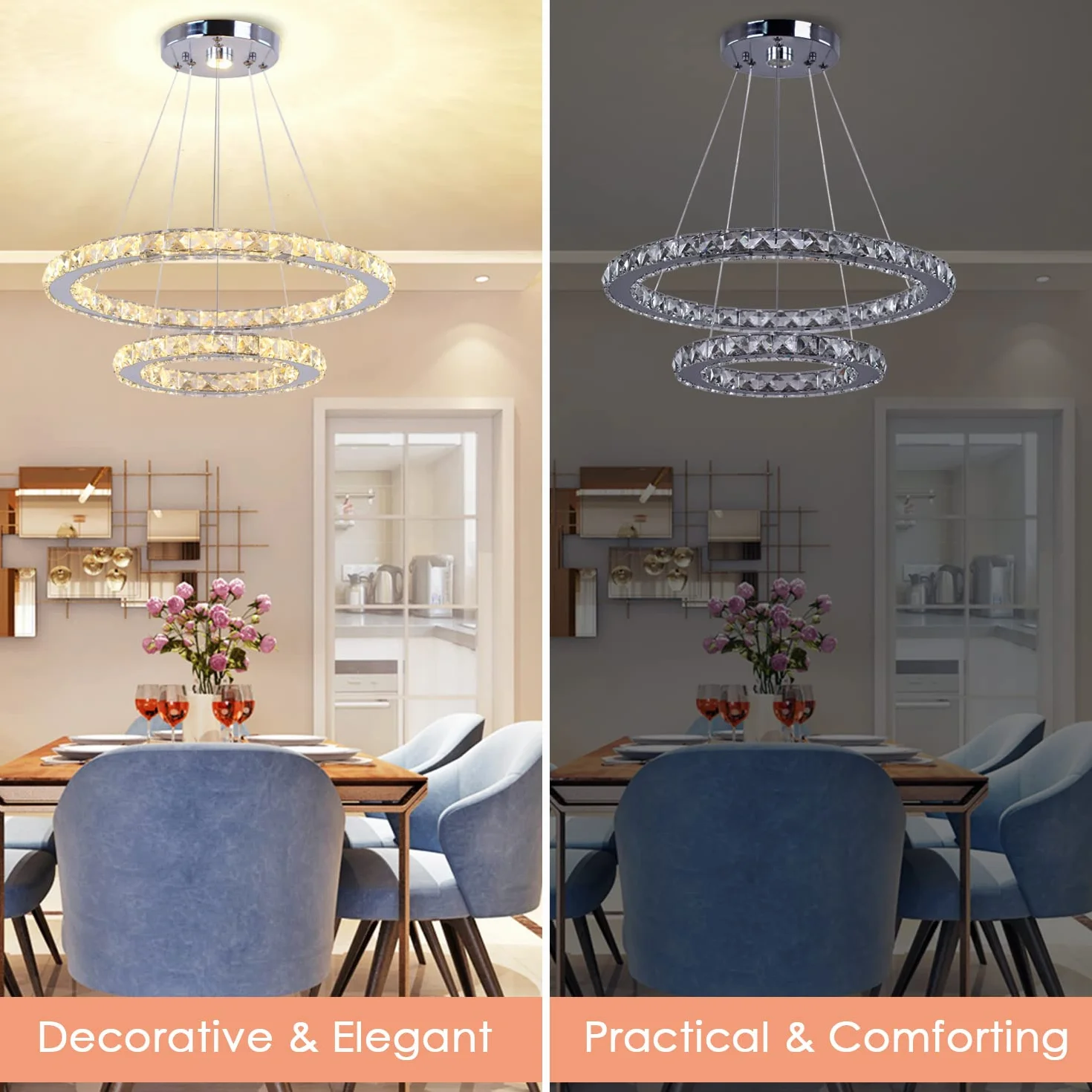 Finktonglan Kryształowy żyrandol LED, 2 pierścienie (Ø 30 i 50 cm), lampa wisząca z regulacją wysokości, ciepła biel 3000 K, 50 W LED, stal nierdzewna/kryształ K9, do salonu i jadalni