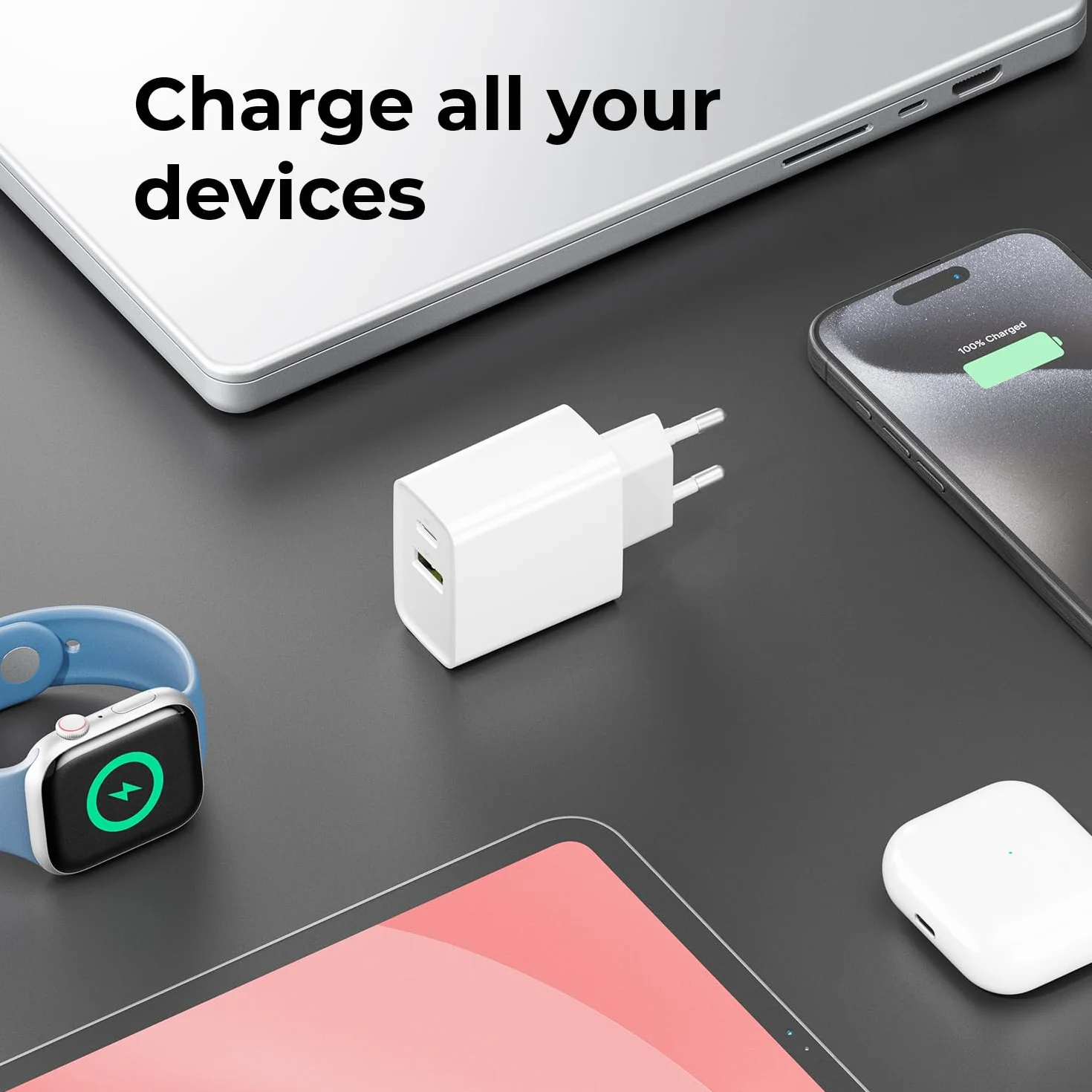 deleyCON Ładowarka USB-A i C 2 Porty PD 3.0 Szybkie Ładowanie Biała