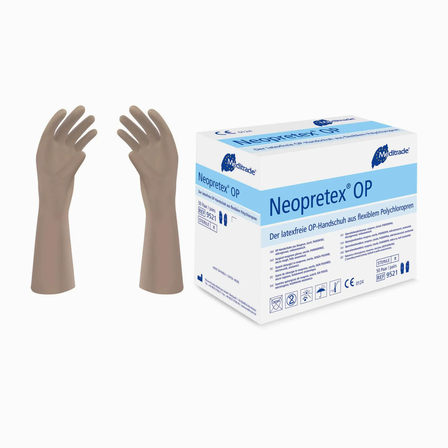 Meditrade 95217 Neopretex elastyczne polichloropren rękawiczki operacyjne, bez lateksu, sterylne, bez talku, rozmiar 7 (100 sztuk)