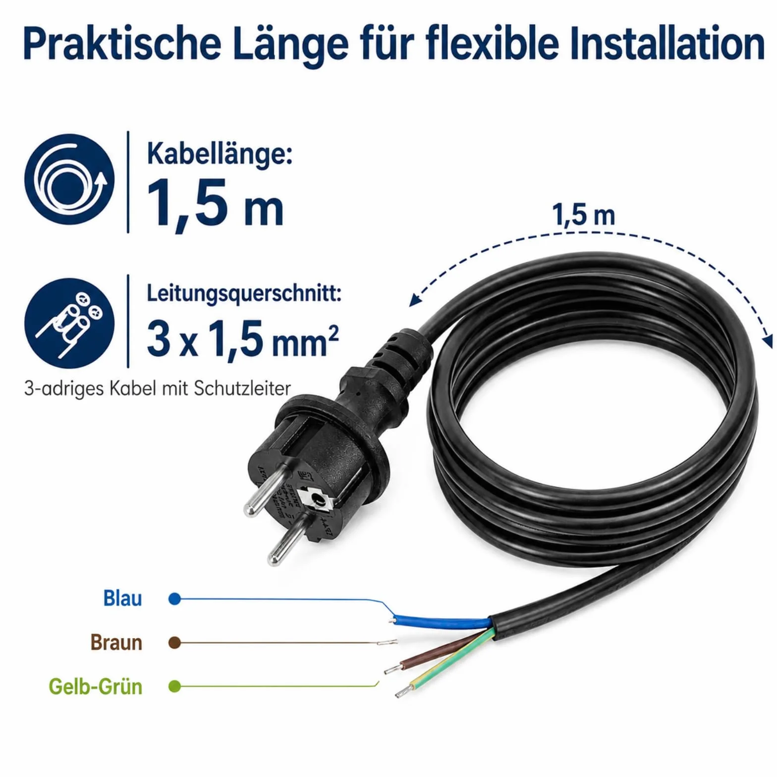 VIEVRE Kabel przyłączeniowy 1 m z wtyczką, kabel zasilający 3-biegunowy, kabel 3 x 1,5 mm², wtyczka Schuko z kablem, kabel zasilający z wtyczką, kabel przyłączeniowy z wtyczką, 230 V, 16 A, IP44