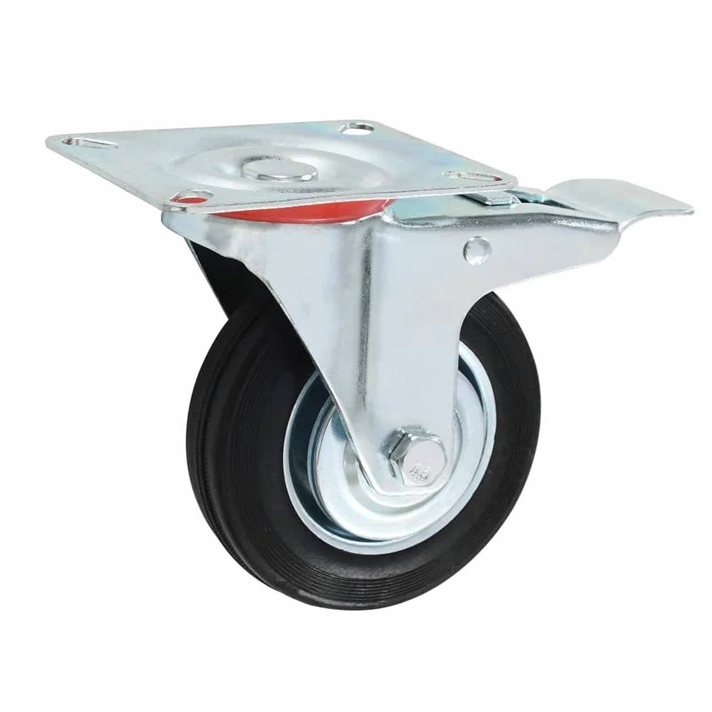 Gumowe kółka zestaw 4 sztuk, 100 mm kółka skrętne z podwójnym hamulcem, ocynkowana rama żelazna, rozmiar płyty 100 x 80 mm, do warsztatu, transportu mebli