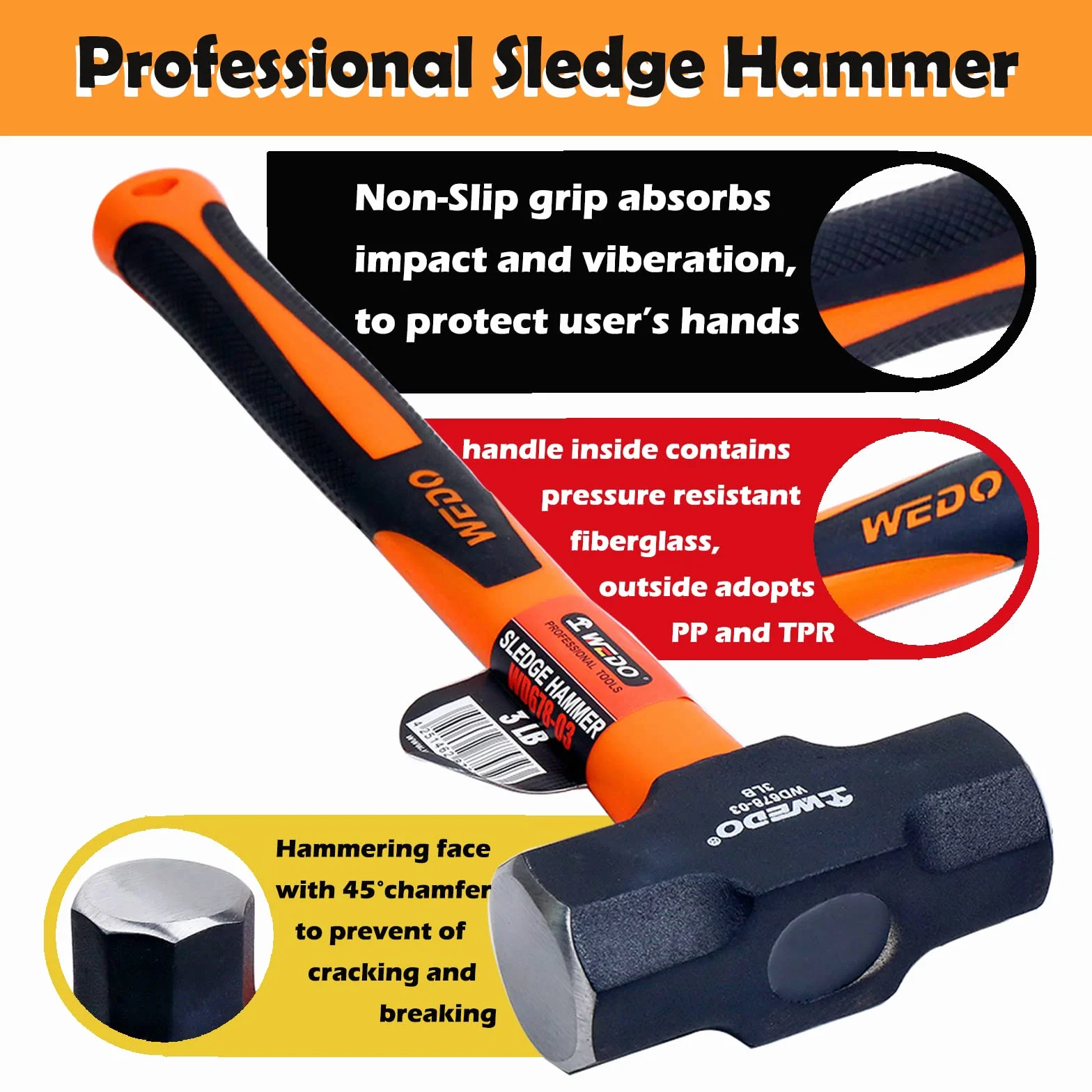 WEDO Młot kowalski 1,4 kg i płaskie dłuto 28 cm z ochroną dłoni, dłuto z płaską głowicą murarską i młotkiem klubowym, antypoślizgowy uchwyt, dłuto do betonu do wyburzania kamienia, łamania rzeźbienia