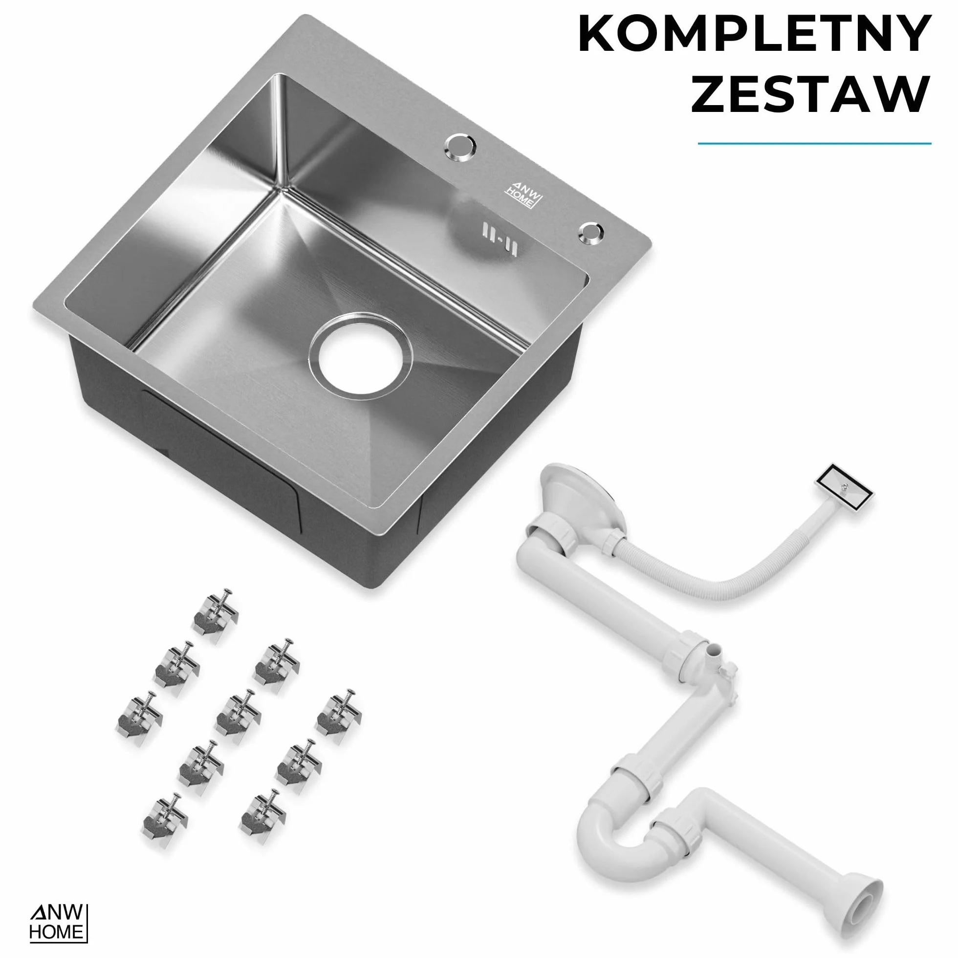 ANW HOME Zlewozmywak kuchenny 1 umywalka 48 x 48 cm, stal nierdzewna 304 | Montaż, bez ociekacza, satynowa powierzchnia, grubość 2 + 0,7 mm, głębokość 16 cm, z syfonem