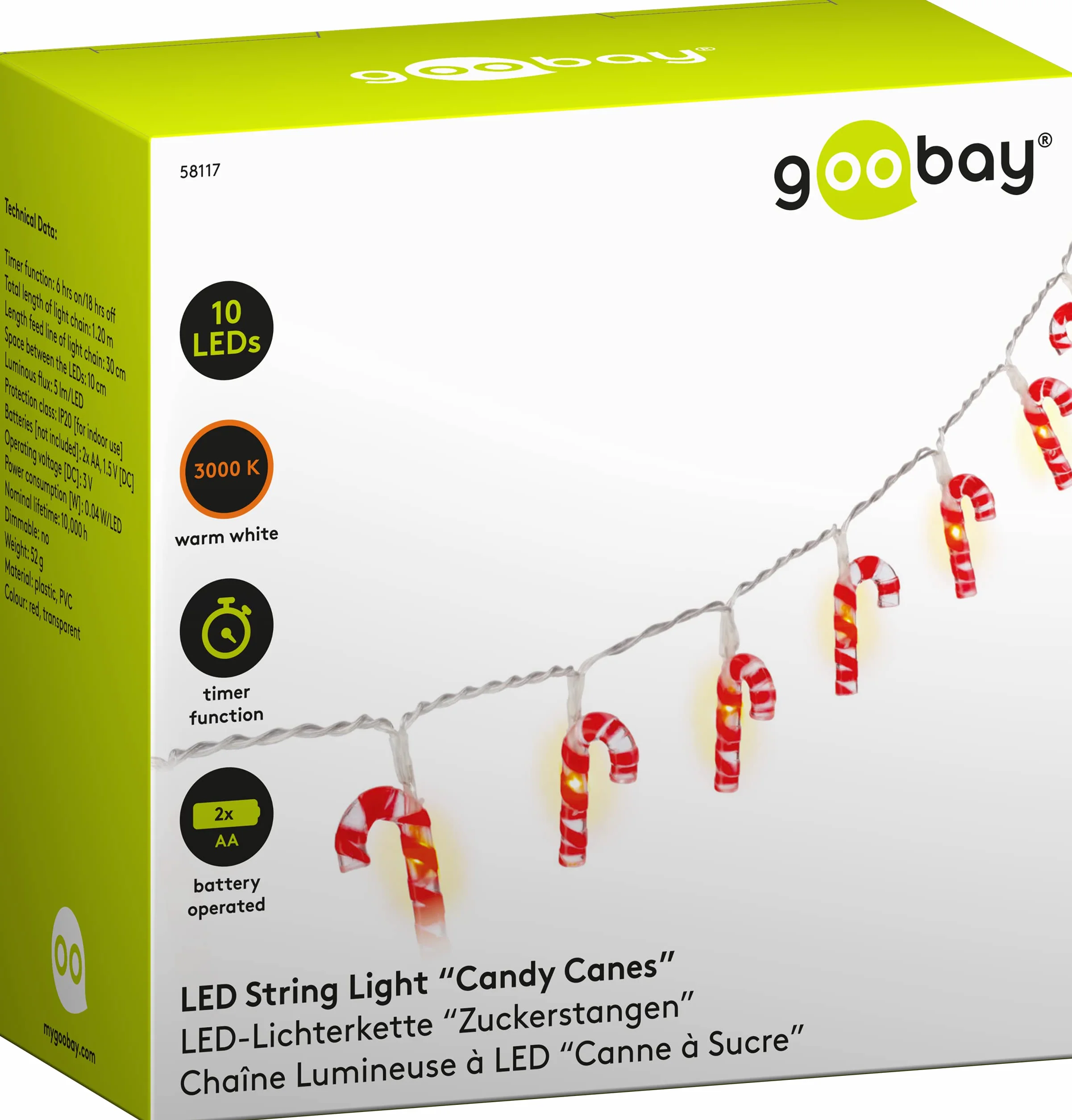 goobay 58117 łańcuch świetlny LED z laskami cukrowymi, 10 sztuk, oświetlenie bożonarodzeniowe, barwa ciepła biała, funkcja timera, czerwony, biały, przezroczysty