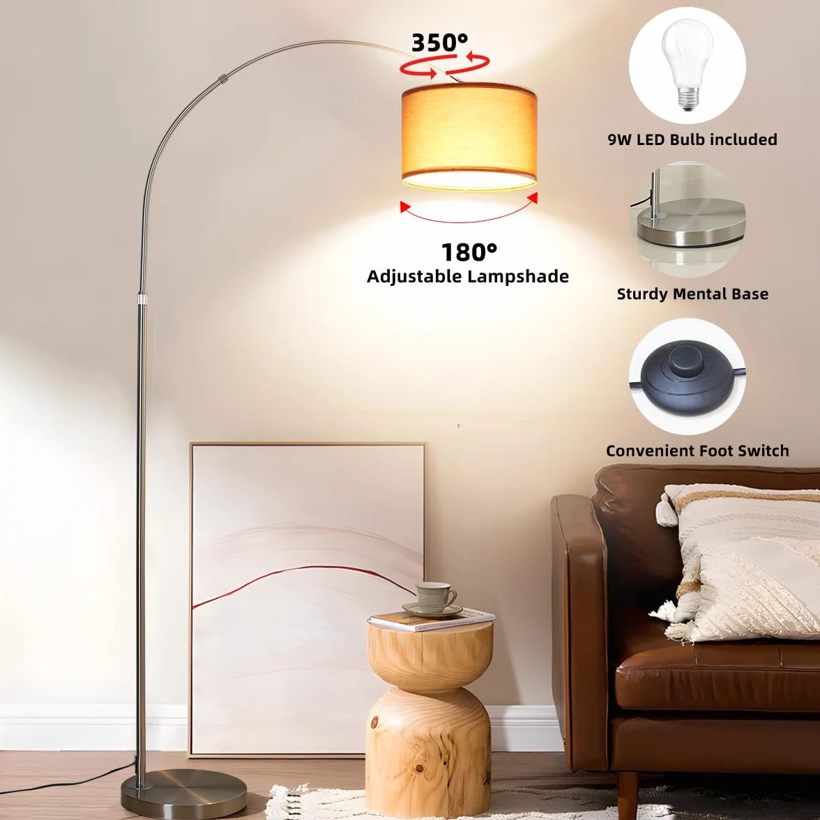 Lampa podłogowa łukowa LUNA do salonu | Zawiera gniazdo LED E27 | Czarny klosz materiałowy o długości 33 cm | Przełącznik nożny | Lampa łukowa w stylu vintage, odpowiednia do sypialni i hoteli