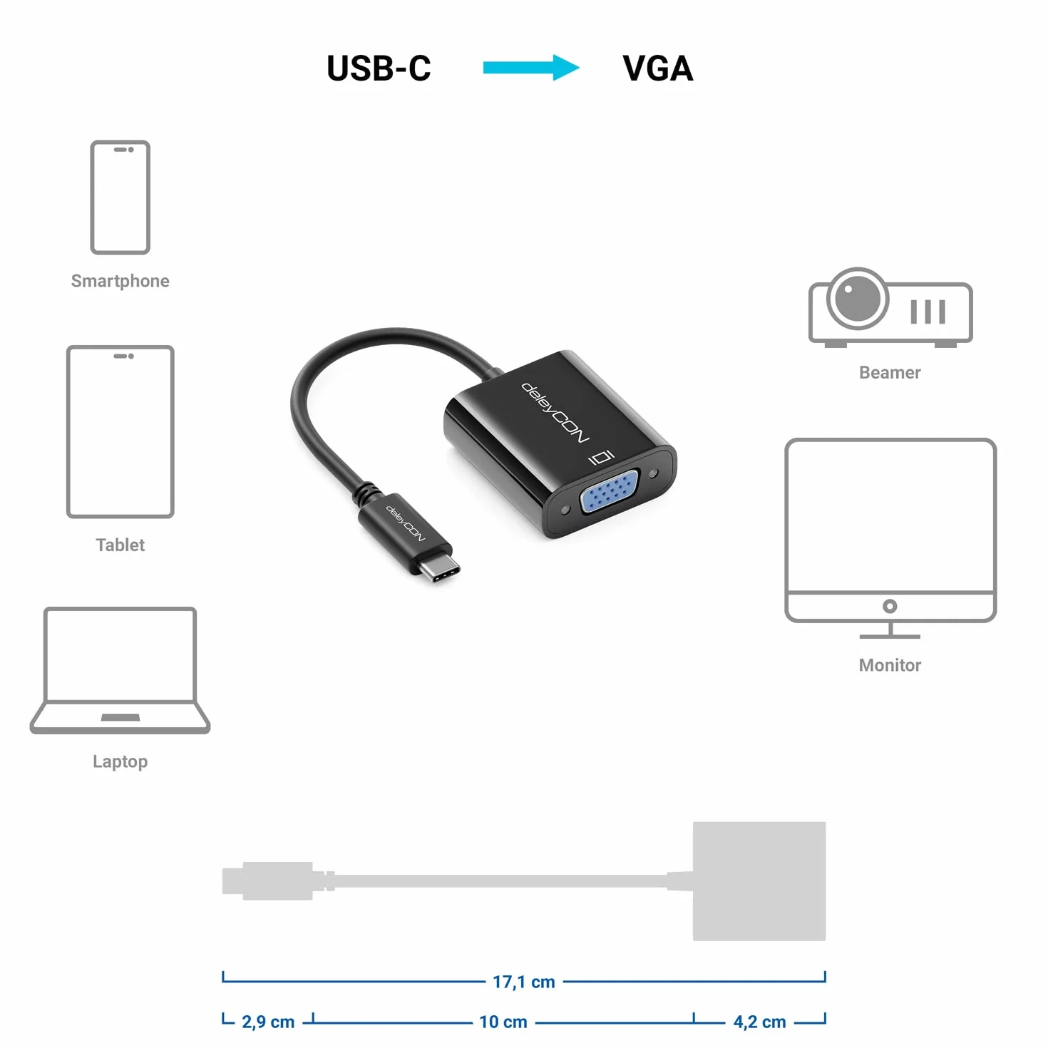 deleyCON Konwerter USB C na VGA 1200p Dual WUXGA Męski Żeński Czarny