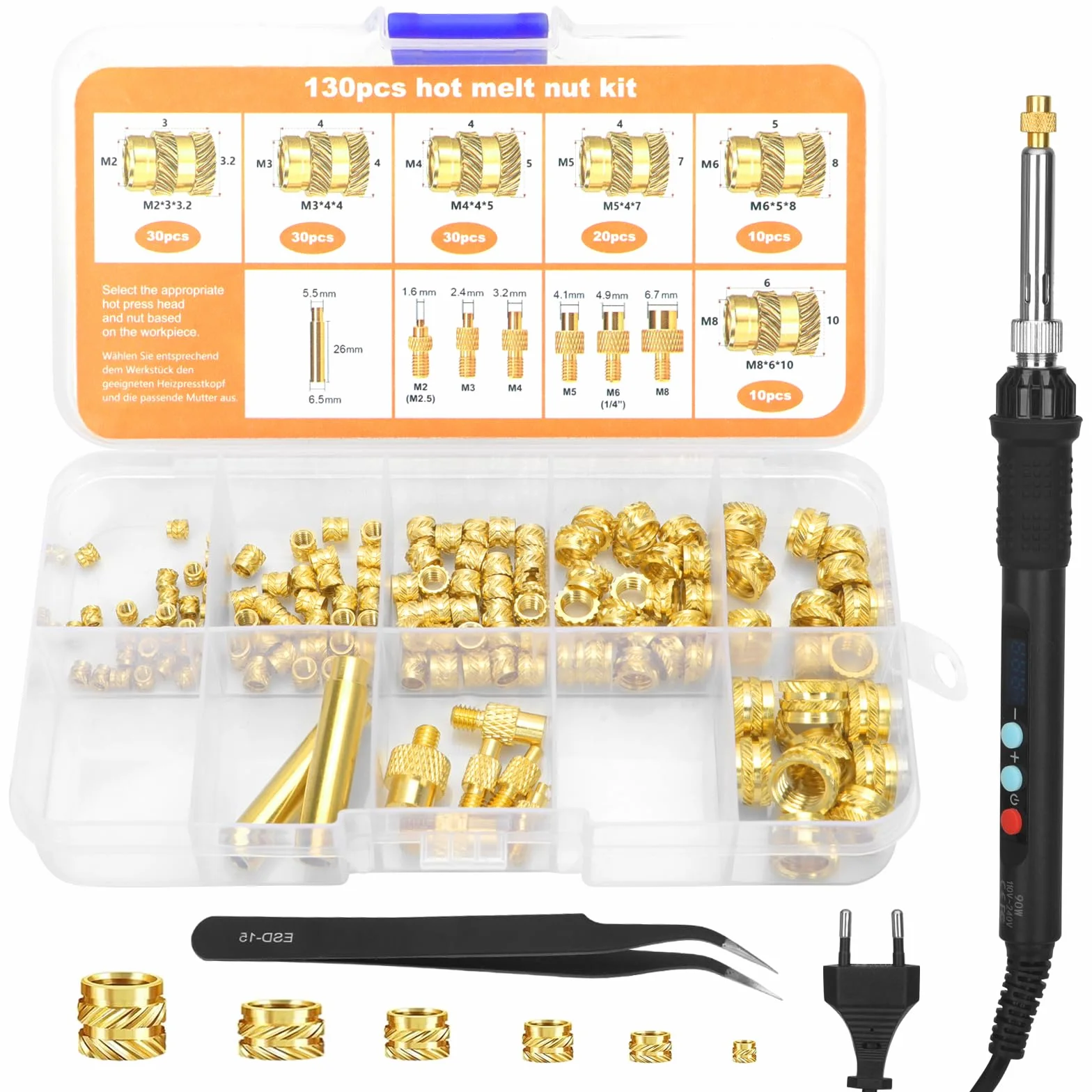 Zestaw 130 sztuk końcówek do lutowania, 900 W, cyfrowa regulacja temperatury z wkładkami gwintowanymi M2/M3/M4/M5/M6/M8, zestaw do lutowania akcesoriów do druku 3D
