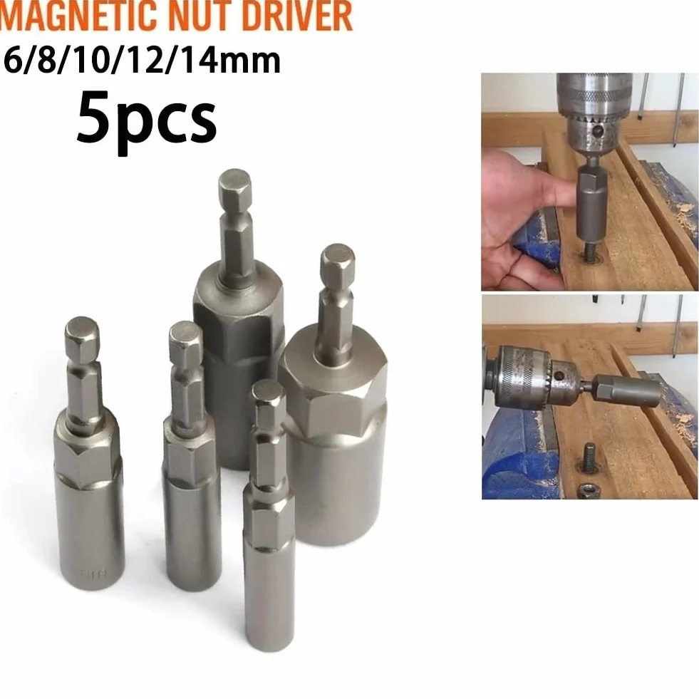 5pc Hex Sockets Kit 6mm/8mm/10mm/12mm/14mm Magnetic Socket Adapter Impact Nut Bolt Drill Bit Set For Pneumatic Screwdriver