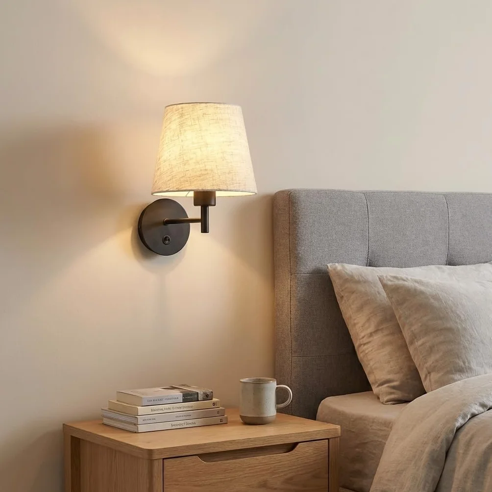BARCELONA LED Kinkiet Ścienny z Abażurem z Lnu Beżowym i Metalową Czarną Konstrukcją, Wbudowany Włącznik, Lampa do Czytania do Sypialni, Biura, Korytarza, Schodów, Salonu