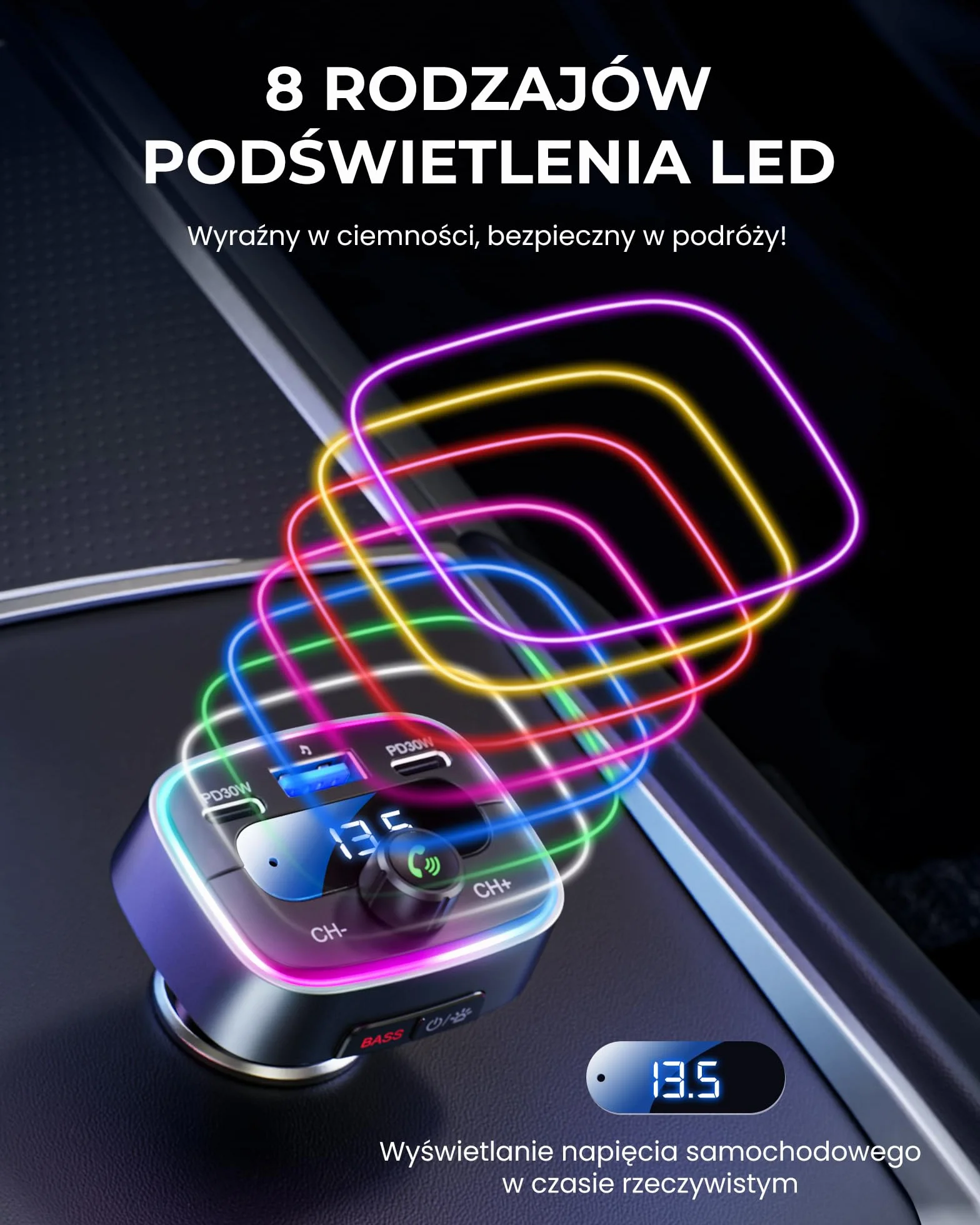 LENCENT Nadajnik FM Bluetooth 5.4 60 W Szybkie Ładowanie 2 USB-C PD 30 W Hi-Fi Głęboki Bas LED