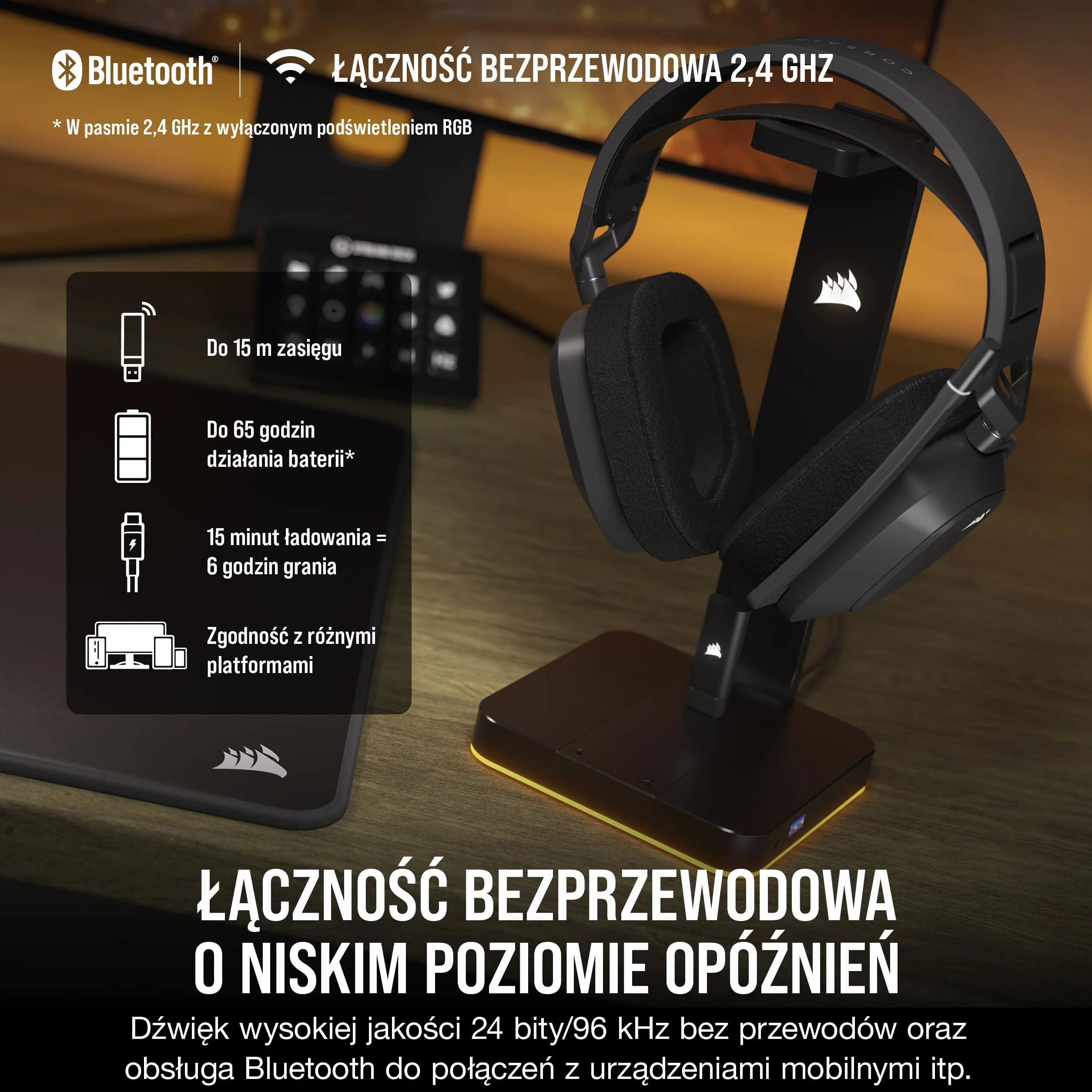 Corsair HS80 MAX WIRELESS Wieloplatformowy Zestaw Słuchawkowy do Gier z Bluetooth – Dolby Atmos – Mikrofon o Jakościowej Transmisji – Kompatybilny z iCUE – PC, Mac, PS5, PS4, Mobile – Stalowoszary