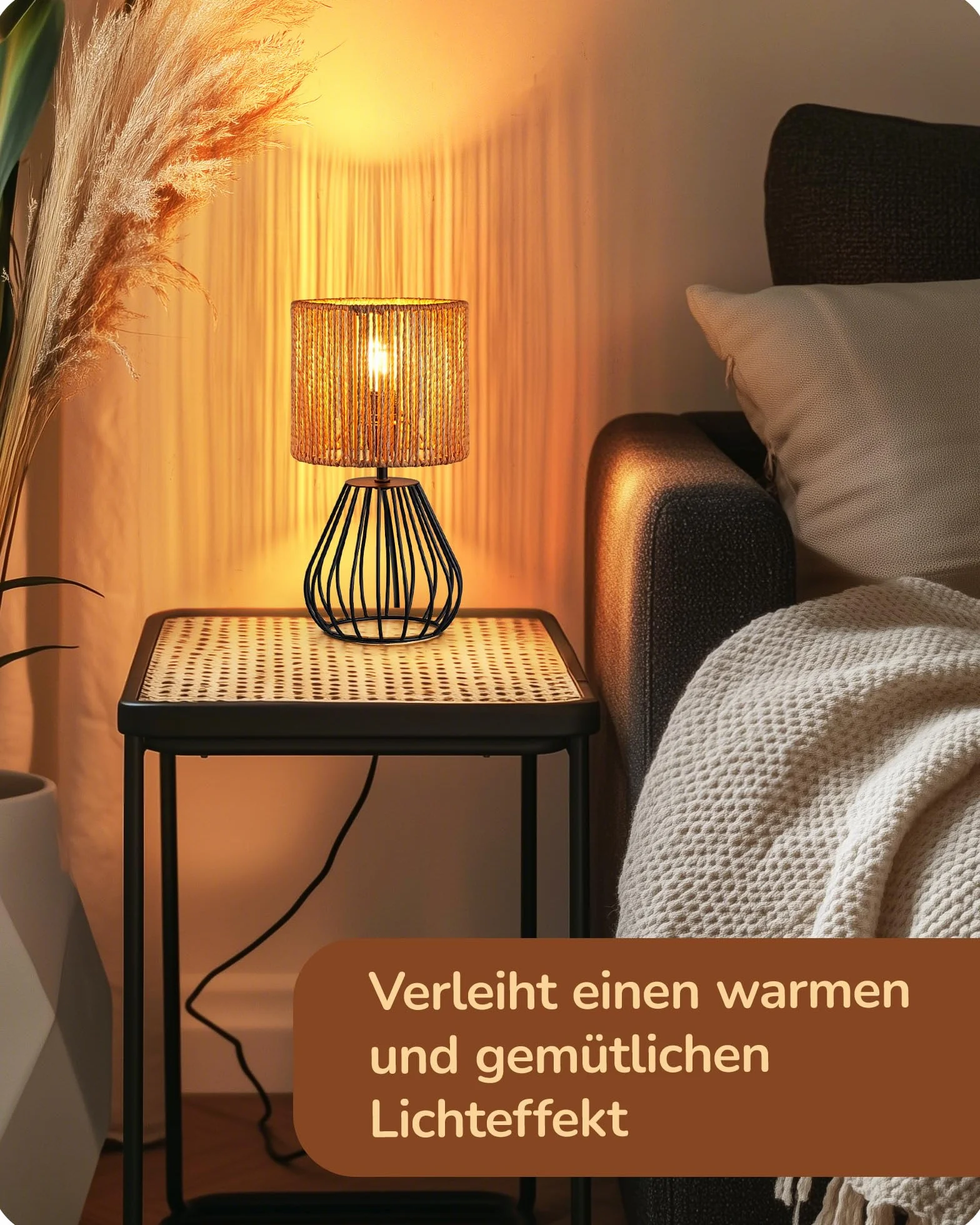 EDISHINE Lampka stołowa do salonu, boho z tkanego płótna papierowego, o wyglądzie metalowej siatki, E14, lampka nocna vintage, 29 cm, z żarówką LED 4 W, czarna