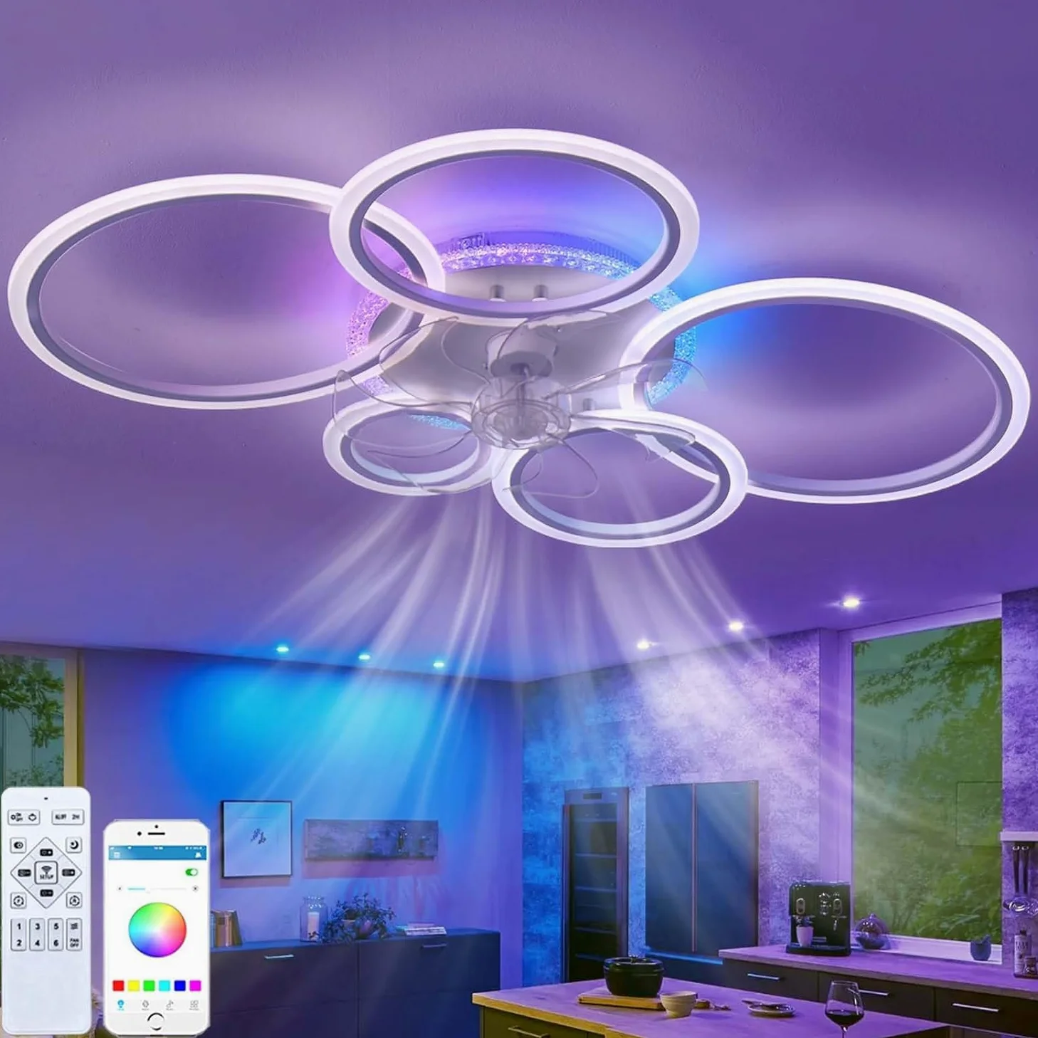 Wentylator sufitowy RGB z oświetleniem LED, ściemniana, do sypialni, cicha lampa z wentylatorem, z pilotem zdalnego sterowania, odwracalna, 6-biegowa z timerem, lampa sufitowa z wentylatorem