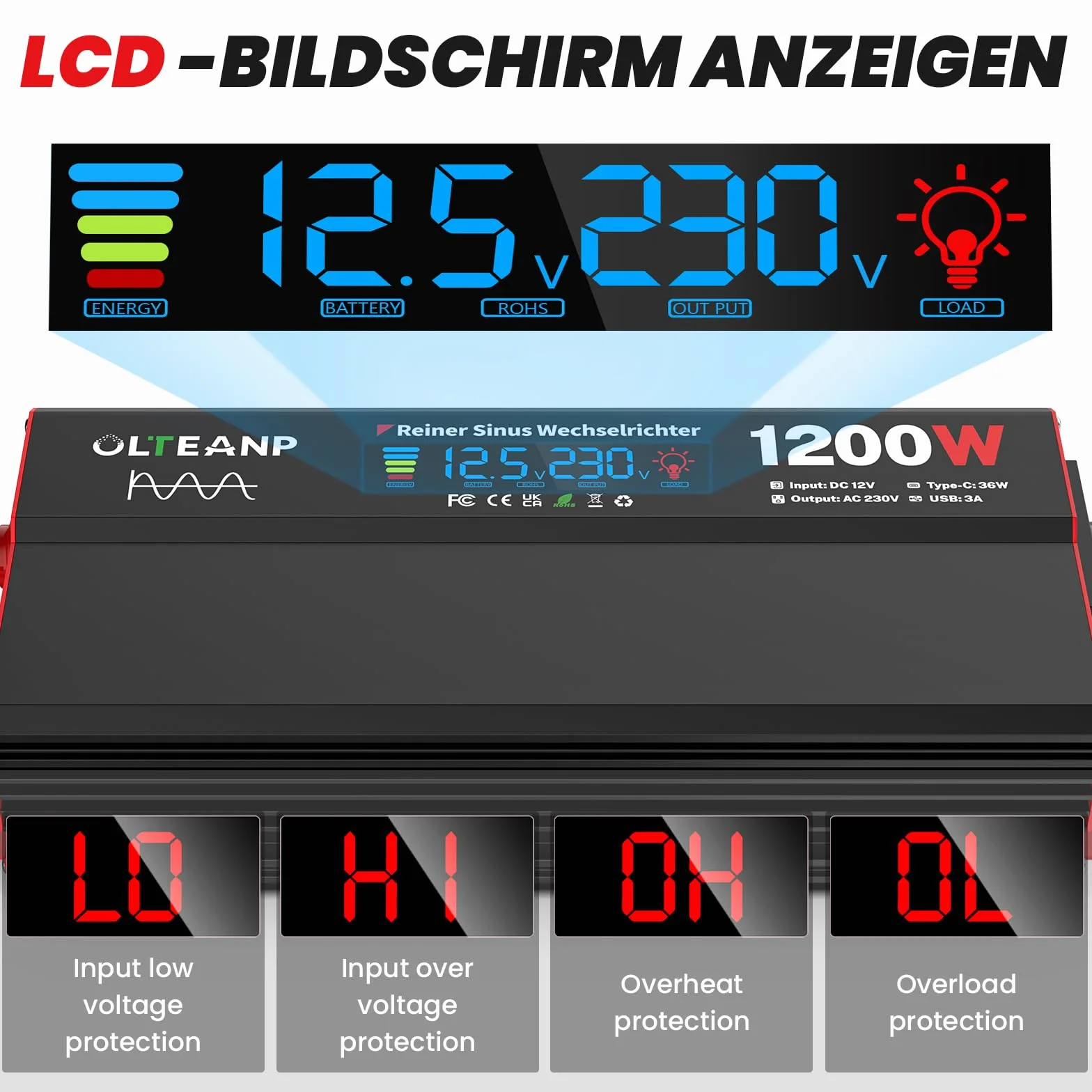 Falownik 12 V na 230 V czysty sinus 1200 W z wyświetlaczem LCD gniazda AC USB 36 W