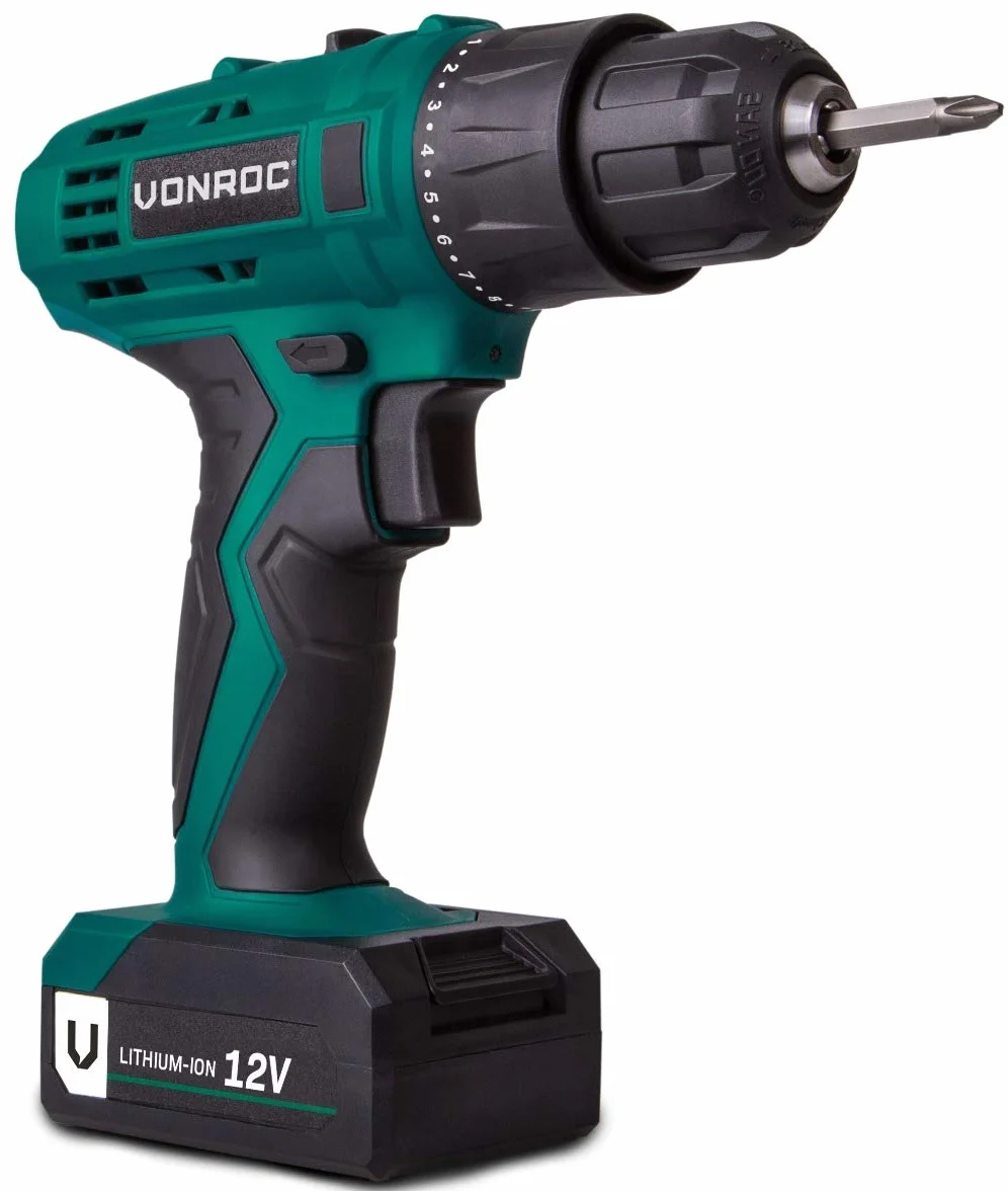 VONROC Akumulatorowa wiertarka 12 V – Li-Ion – w zestawie ze stabilną walizką aluminiową z 46 akcesoriami, akumulatorem i ładowarką