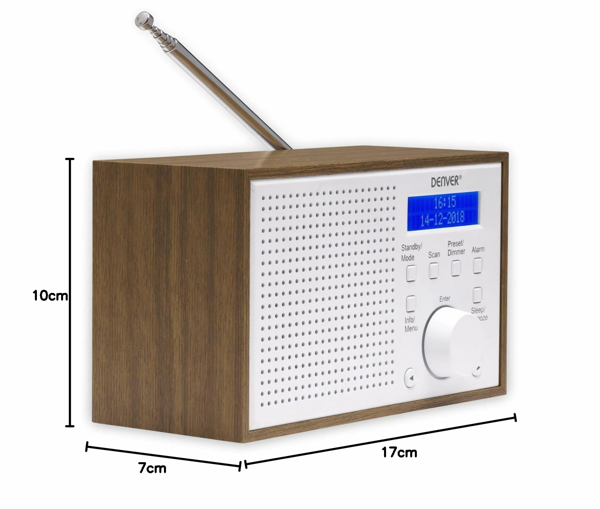 Denver DAB-46 DAB+ Radio FM Zegar Budzik 2 W Wyjście Audio Drewniane Białe