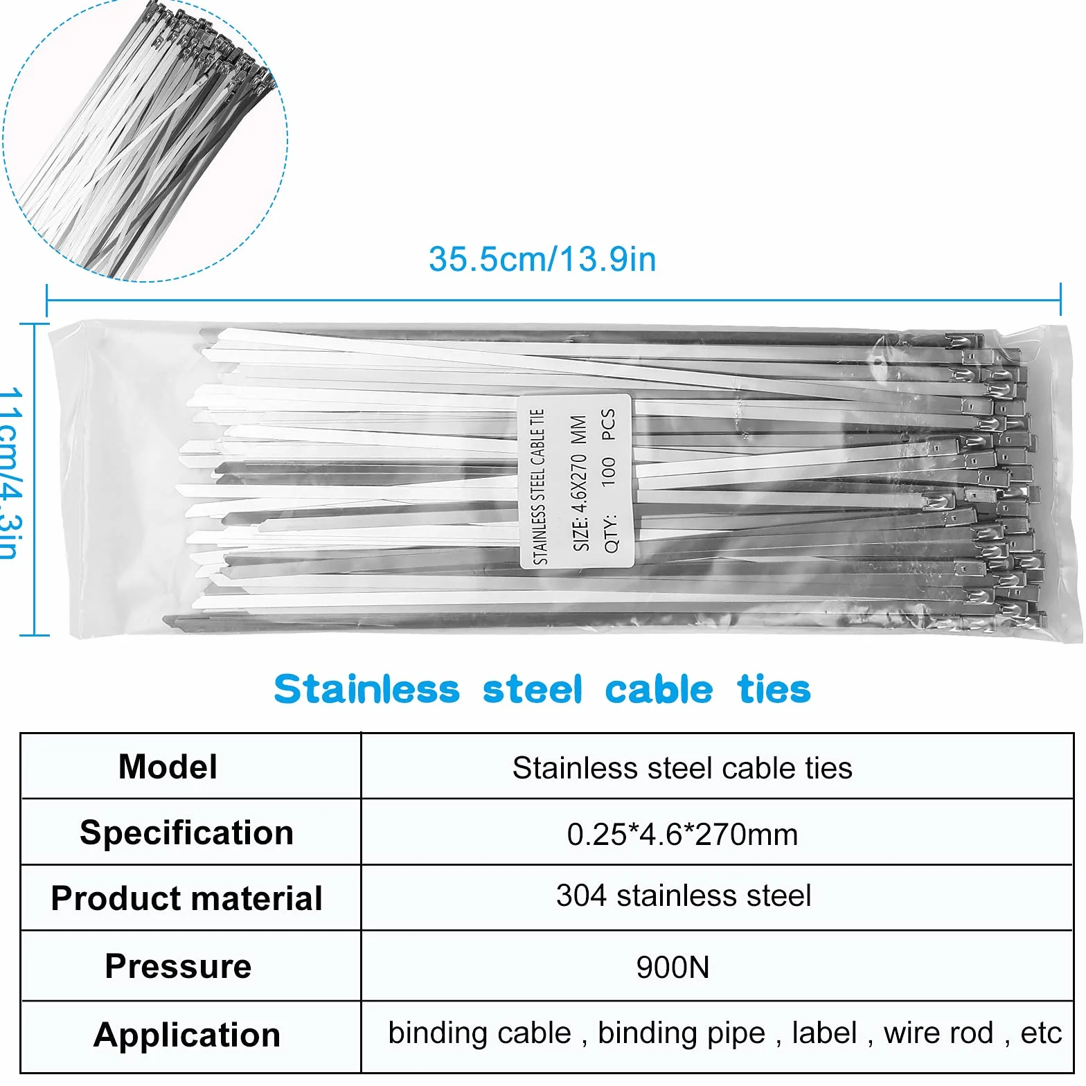 200 szt. opasek kablowych ze stali nierdzewnej i metalowego pistoletu do opasek zaciskowych, narzędzie do opasek kablowych ze stali nierdzewnej, 4,6 x 270 mm opaski kablowe ze stali nierdzewnej