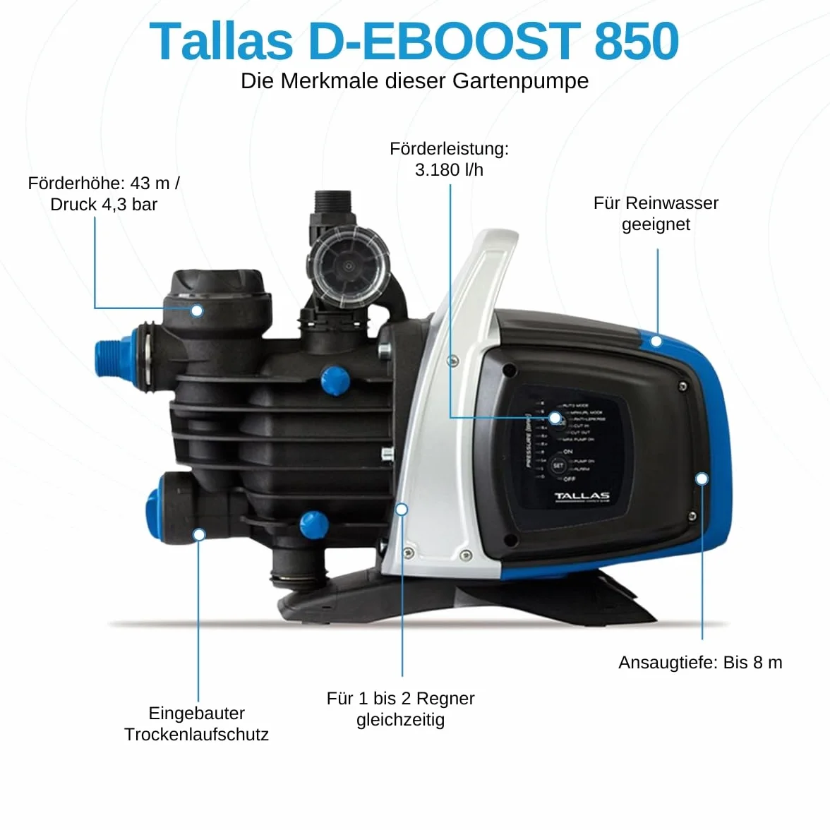 Automatyczna pompa zraszająca D-EBOOST 850/45 850W 3,2m3/h 8m ssania niebieski