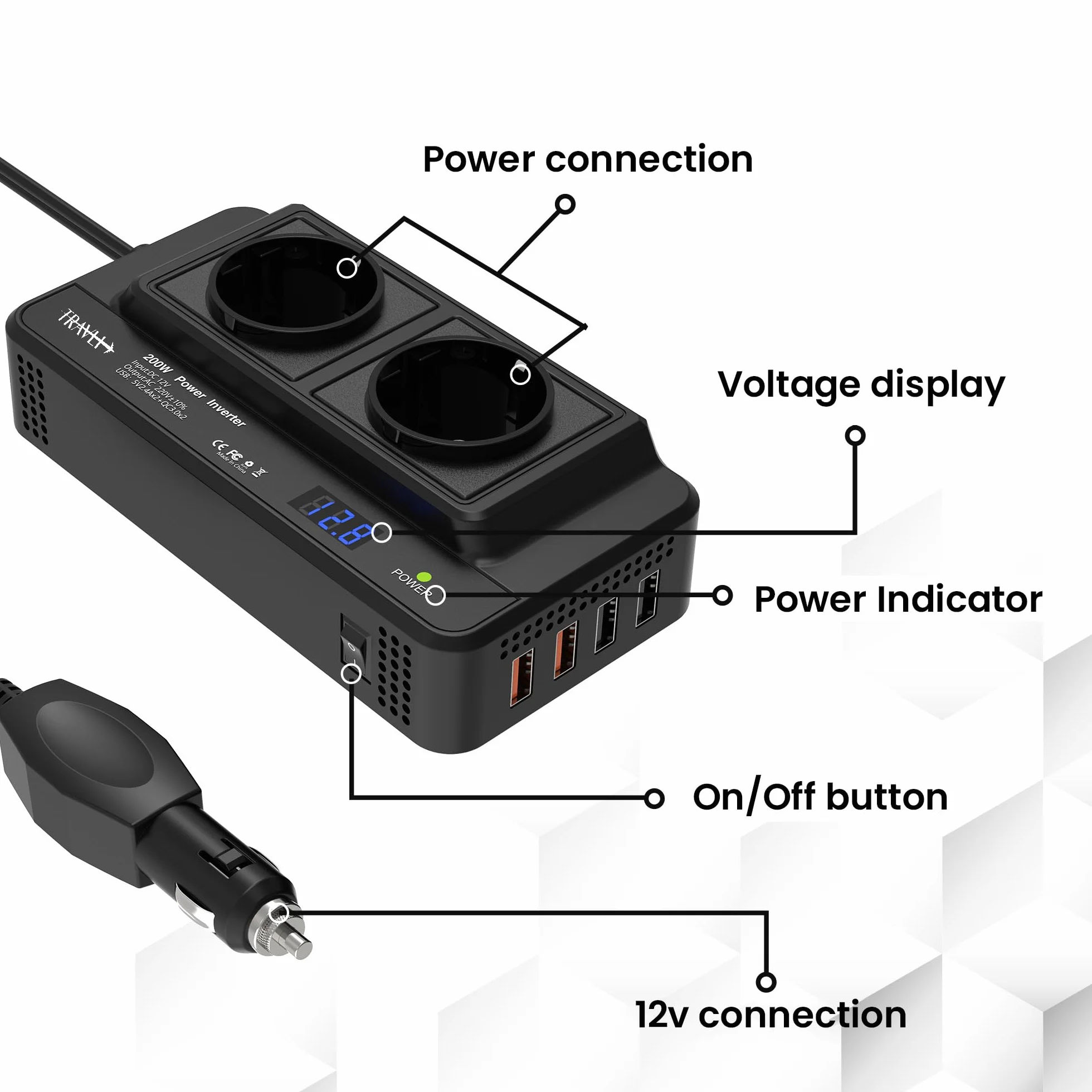 Przetwornica napięcia 12V 230V 2x gniazdo 230V 4x USB 5V
